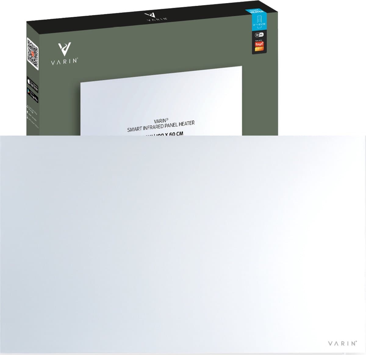 Varin® Smart Design Infrarood verwarmingspaneel - 600W - 100x60cm - Helder wit glas - IP24 - Met thermostaat - Wandmontage of verrijdbaar - Elektrische verwarming - Infrarood paneel verplaatsbaar - Kachel - Heater bureau - Terrasverwarmer - Tuya Wifi