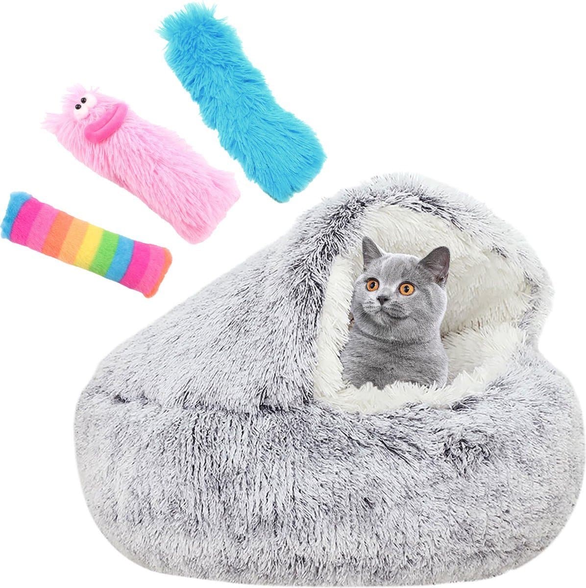 Kattenmand - Kattenbed - Kattenmandje Poes - Kattentunnel Pluche - Poezenmand - Kattenspeelgoed - Reismand Kat - Inclusief 3 Kattenspeeltjes
