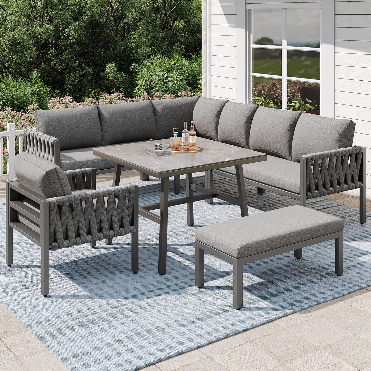 Tuinset met verzinkt ijzeren frame, grijze touw loungeset, verstelbare poten, glazen tafelblad, inclusief kussens