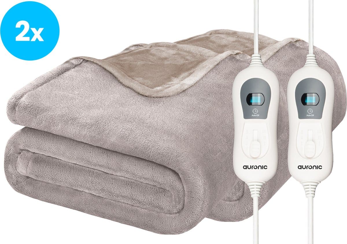 Auronic Elektrische Deken - 160 x 120 cm - Duo Pack - 1 Persoons Warmtedeken - 3 Warmtestanden - Verwarmingsdeken - Taupe