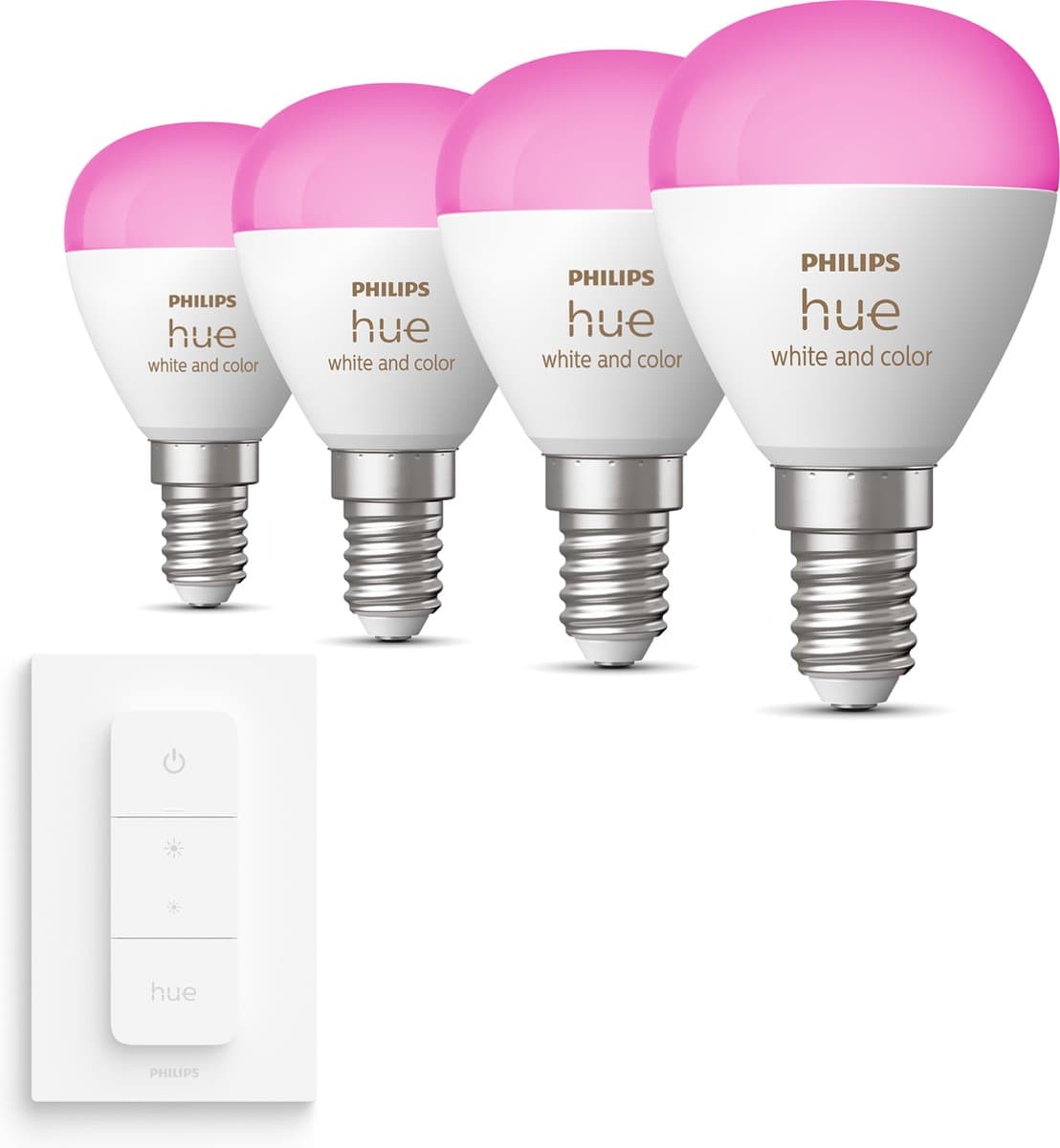 Philips Hue Voordeelpakket - E14 - met 4 Kogellampen - Wit en Gekleurd Licht - Incl. 1 Hue Dimmer Switch - Hue White and Color Ambiance