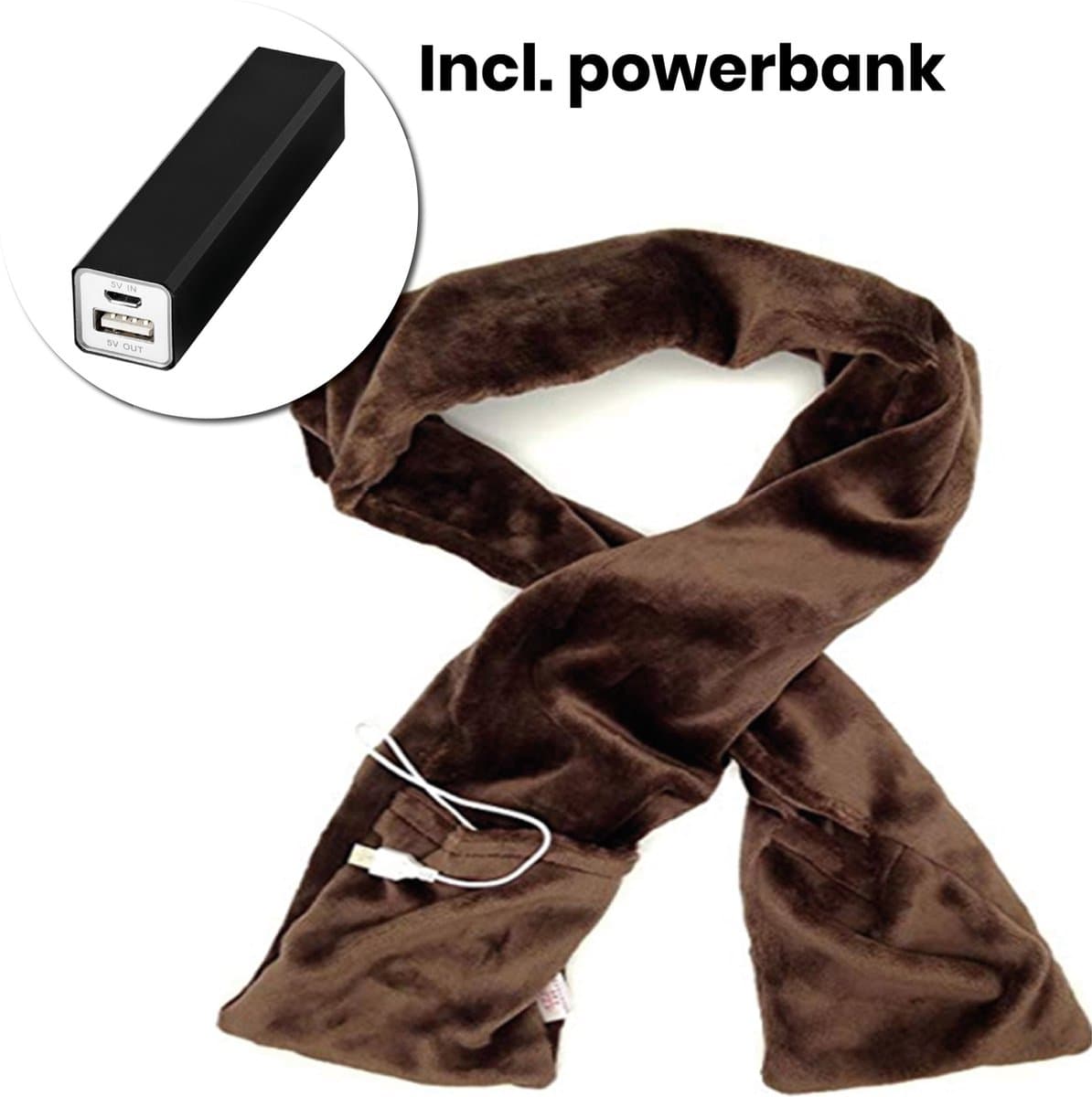 Verwarmde Sjaal - Oplaadbaar - Inclusief Power bank - Elektrische Sjaal - Portable oplader - USB Aansluiting - Unisex - Bloedsomloop Verbeteren - Wintersport - Skiën - Wandelen - Winter - Motorrijden - Thermisch - Fleece - Bruin