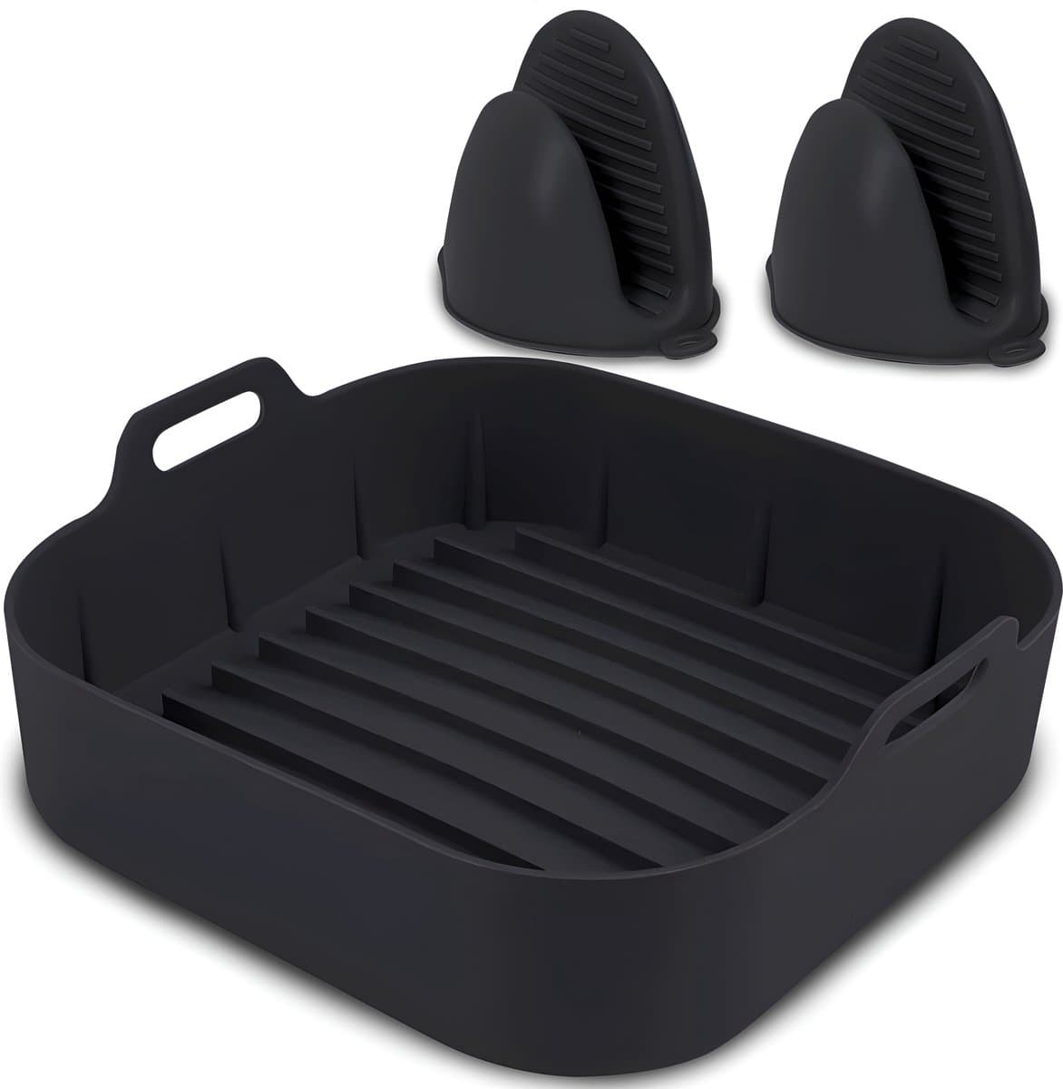 HI NATURE™ Airfryer accessoires - Airfryer siliconen bakje vierkant set inclusief Wanten voor Airfryer XXL - Siliconen ovenschaal BPA Vrij Accessoires Heteluchtfriteuse Bakvormen – Bakpapier Alternatief - Mand Bakvorm - 20 CM (Zwart)
