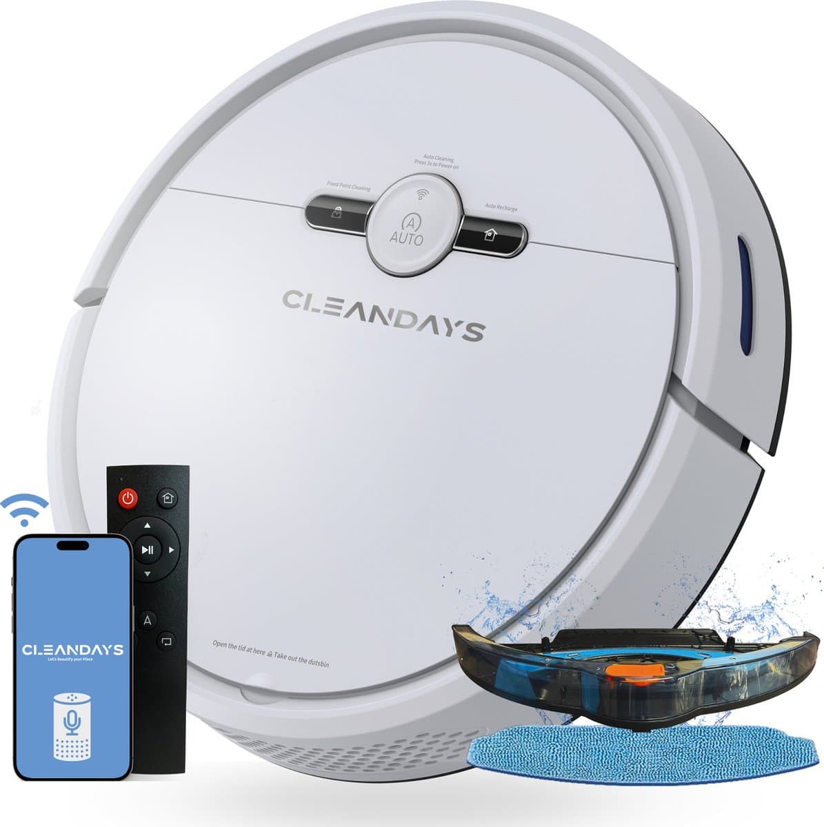 CleanDays Robotstofzuiger met dweilfunctie - Slimme navigatie - Dweilrobot - Robotstofzuiger met laadstation - Werkt met huisdieren - Inclusief Nederlandstalige app & afstandsbediening - D2-001