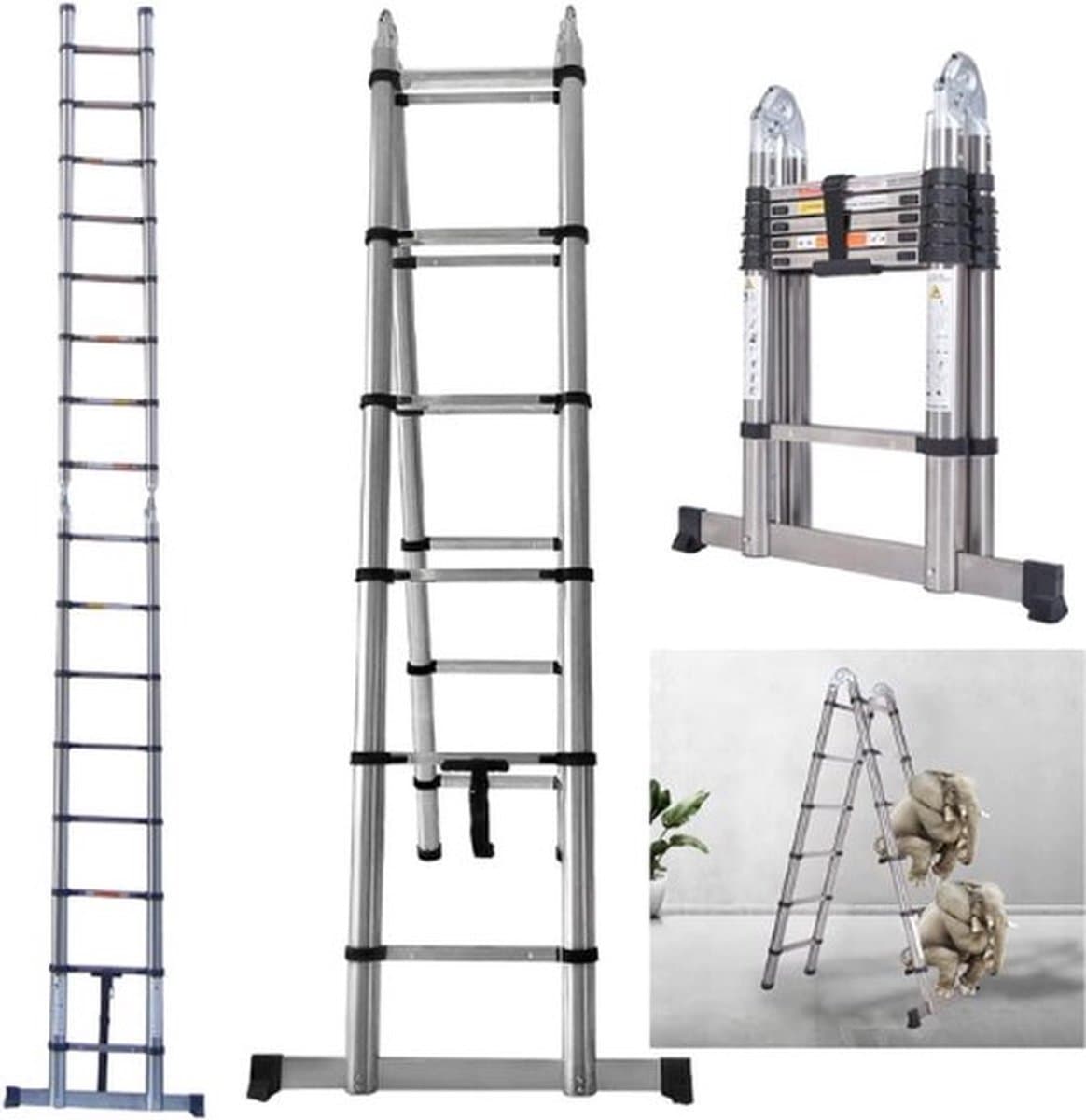 Professionele Telescoopladder – 5 Meter – Telescopische Vouwladder – Inklapbaar – Soft Close – 150KG Draagvermogen – Aluminium