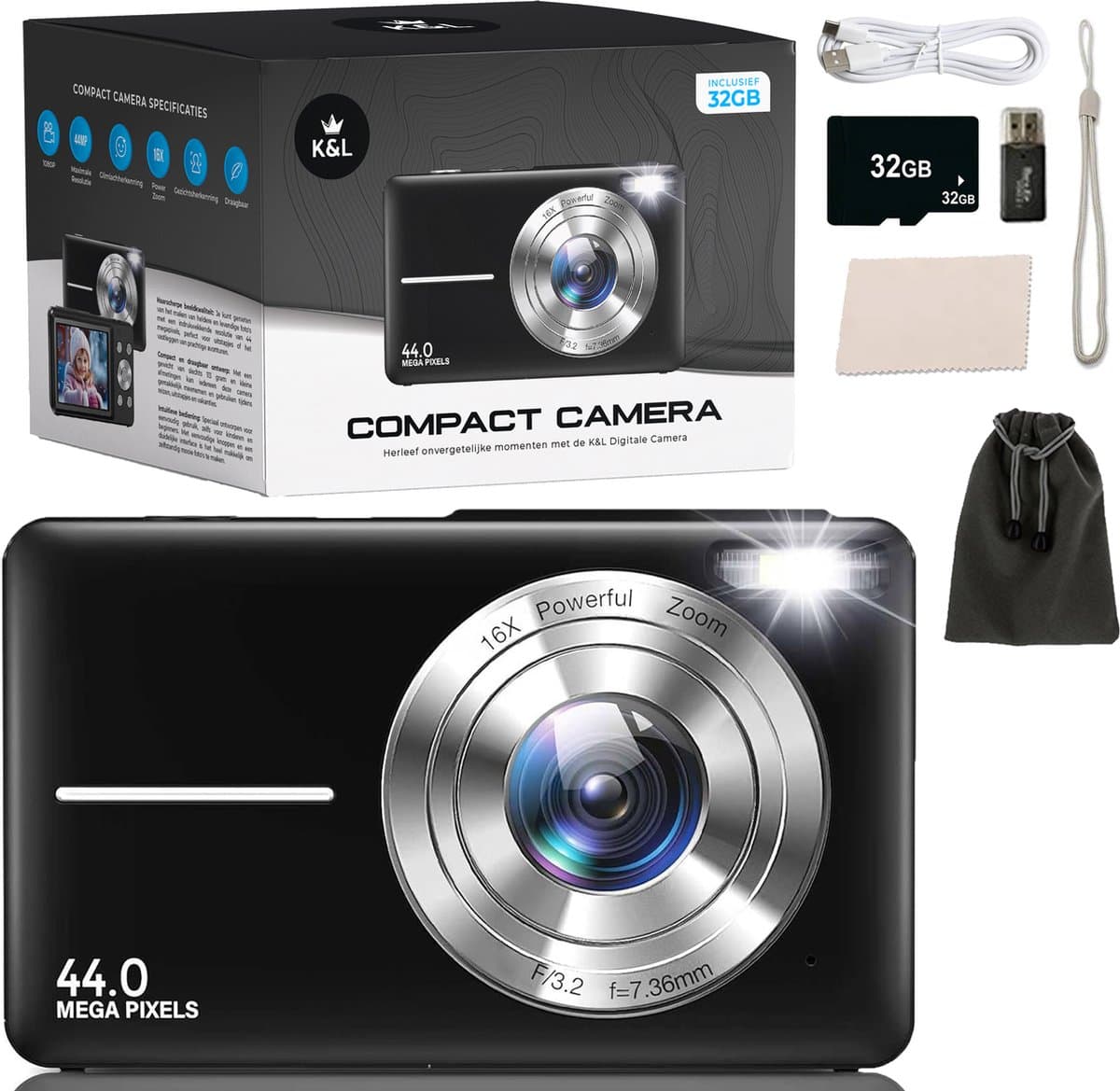 K&L Digitale Camera - Fototoestel - Fotocamera - Compact Camera - Vlog Camera - Voor Kinderen - Inclusief 32GB - NL Software