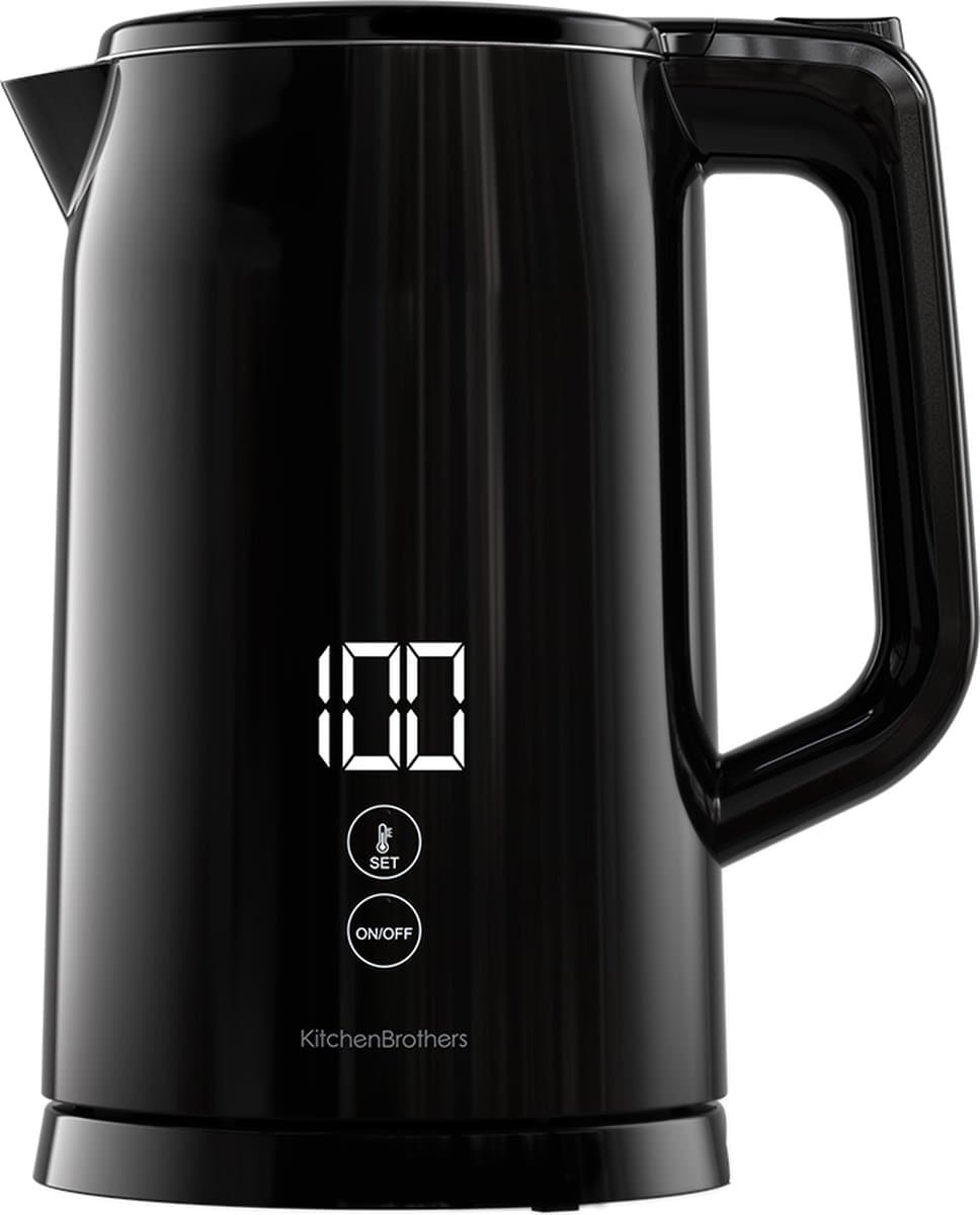 KitchenBrothers Waterkoker - 1.7L - Met Temperatuurregeling - PFAS- & BPA-vrij - Warmhoudfunctie - Display - Dubbelwandig - 2200W - Zwart