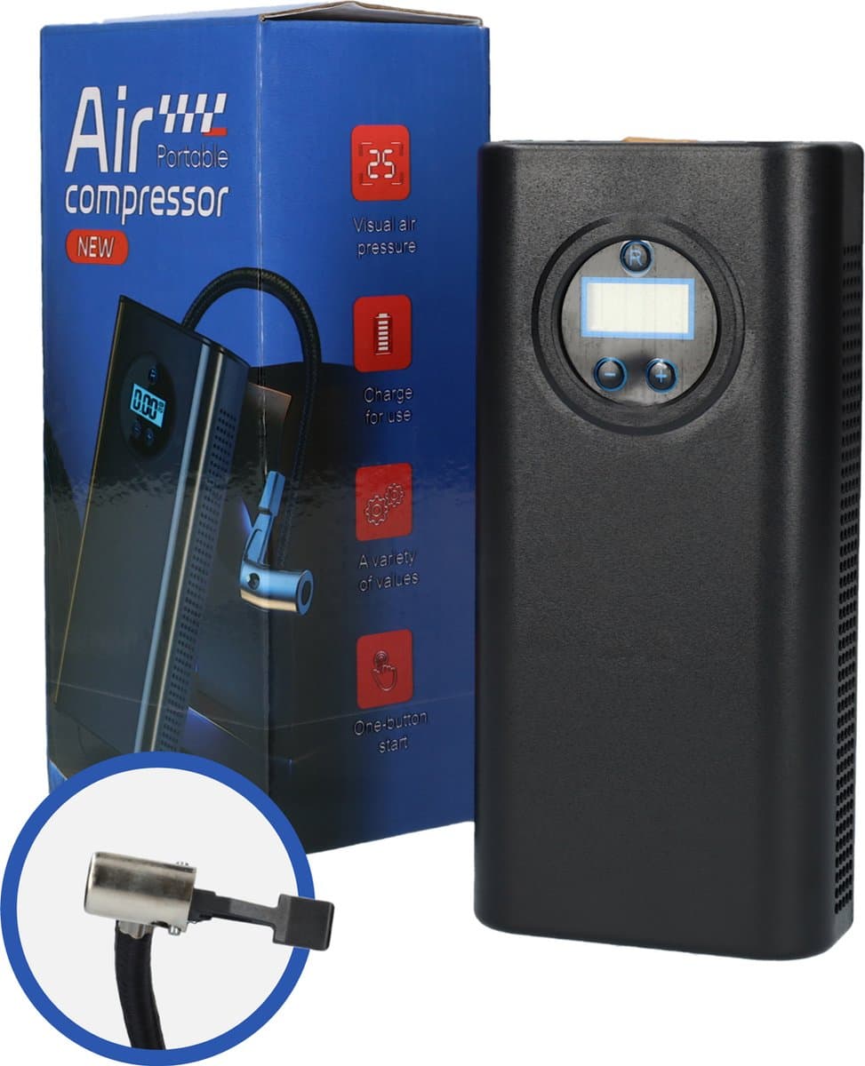 Luchtcompressor - Draagbare compressor - Elektrische Fietspomp - Perslucht - Bandenpomp voor fiets en auto - Compact formaat - Met hand bestuurbaar - 12V - Ideaal voor reizen - Display scherm - Zwart