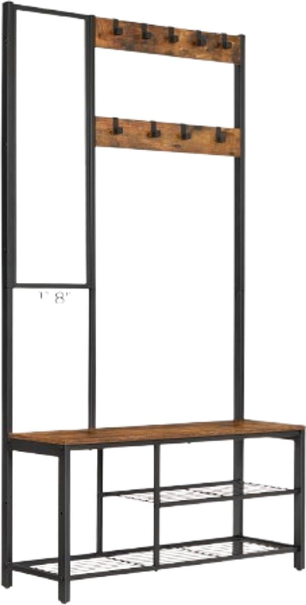 Velori Kapstok met Spiegel - Garderoberek met Schoenenrek en Zitbank - Halmeubel - Kledingrek met 9 Haken - Industrieel Design - Zwart 98 x 36 x 185 cm