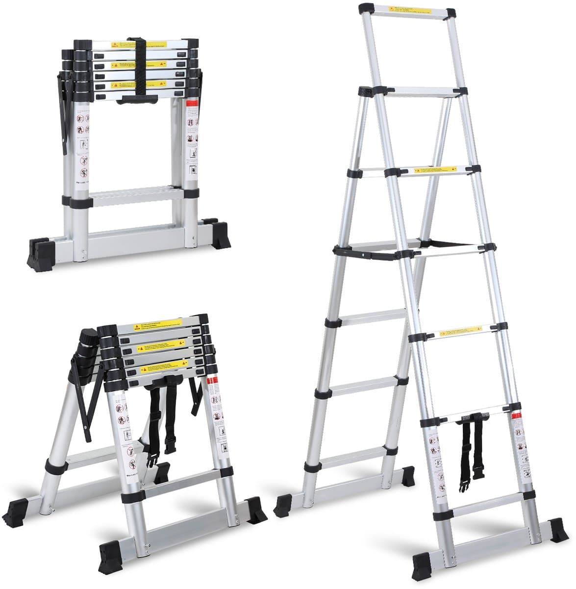 Telescopische Ladder - Telescoopladder - 1,4m+1,7m zilver, Max. Belasting 150 kg, Compact en Draagbaar met Soft Closing Systeem, Geschikt voor Particulier en Professioneel Gebruik, Telescopische Vouwladder