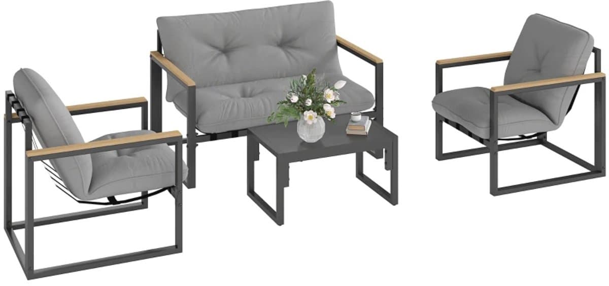 Balkonset 4 personen - Tuinset - Bistroset - Lichtgrijs - Weerbestendig - 4 delig - 4 stoelen - 4 personen - Gecoat staal - Onderhoudsvrij staal