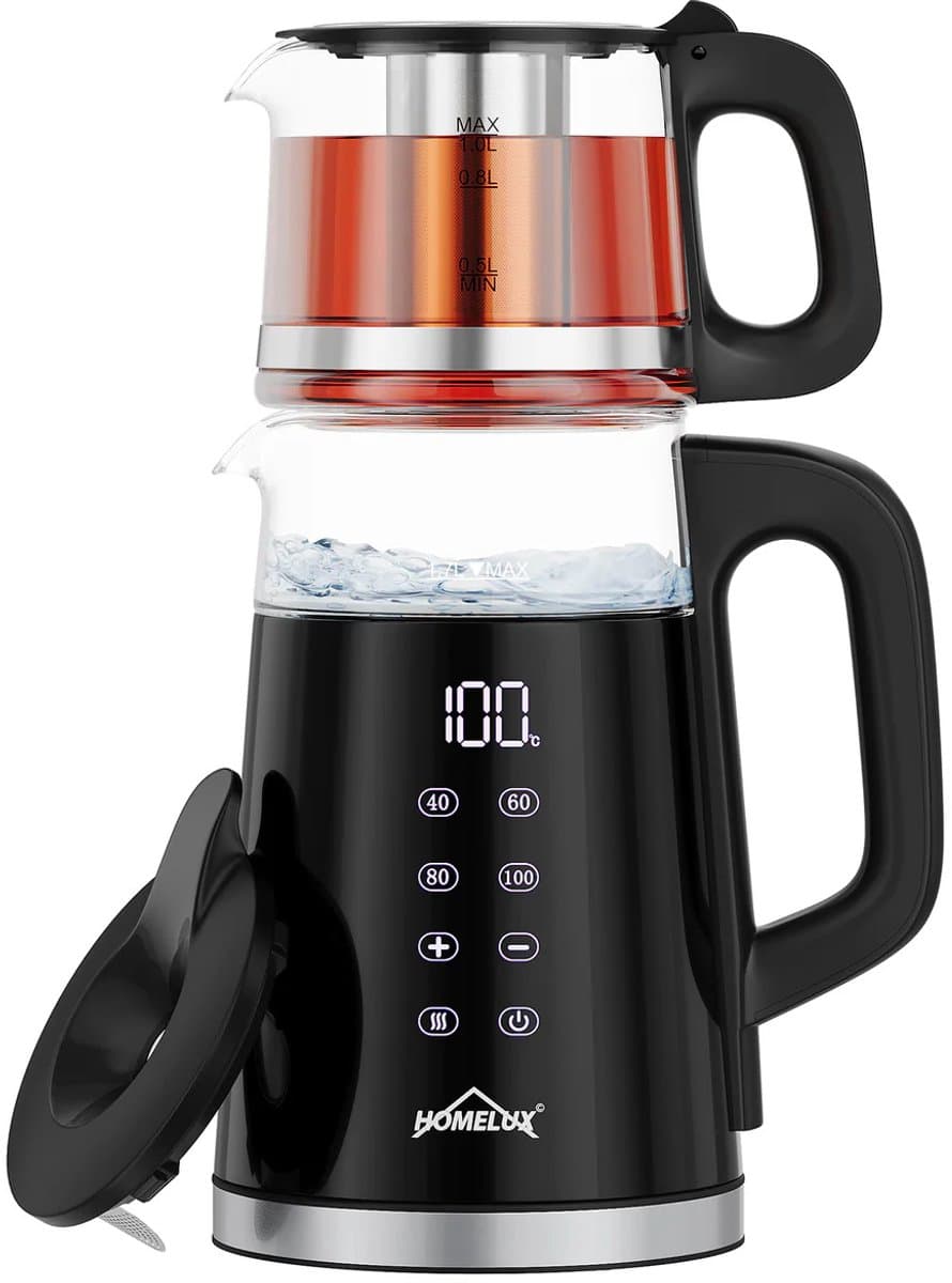Homelux - Theepot - Caydanlik - 2200W – Elektrische Waterkoker 1,7L + 1L Theemaker met Infuser, 4 Temperatuurstanden 40-100°C, Warmhoudfunctie, Samovar BPA-vrij, RVS Filter, Stille Waterkoker, Theezetter Caymatik - Semaver - Cayci - Cay - Turkse thee