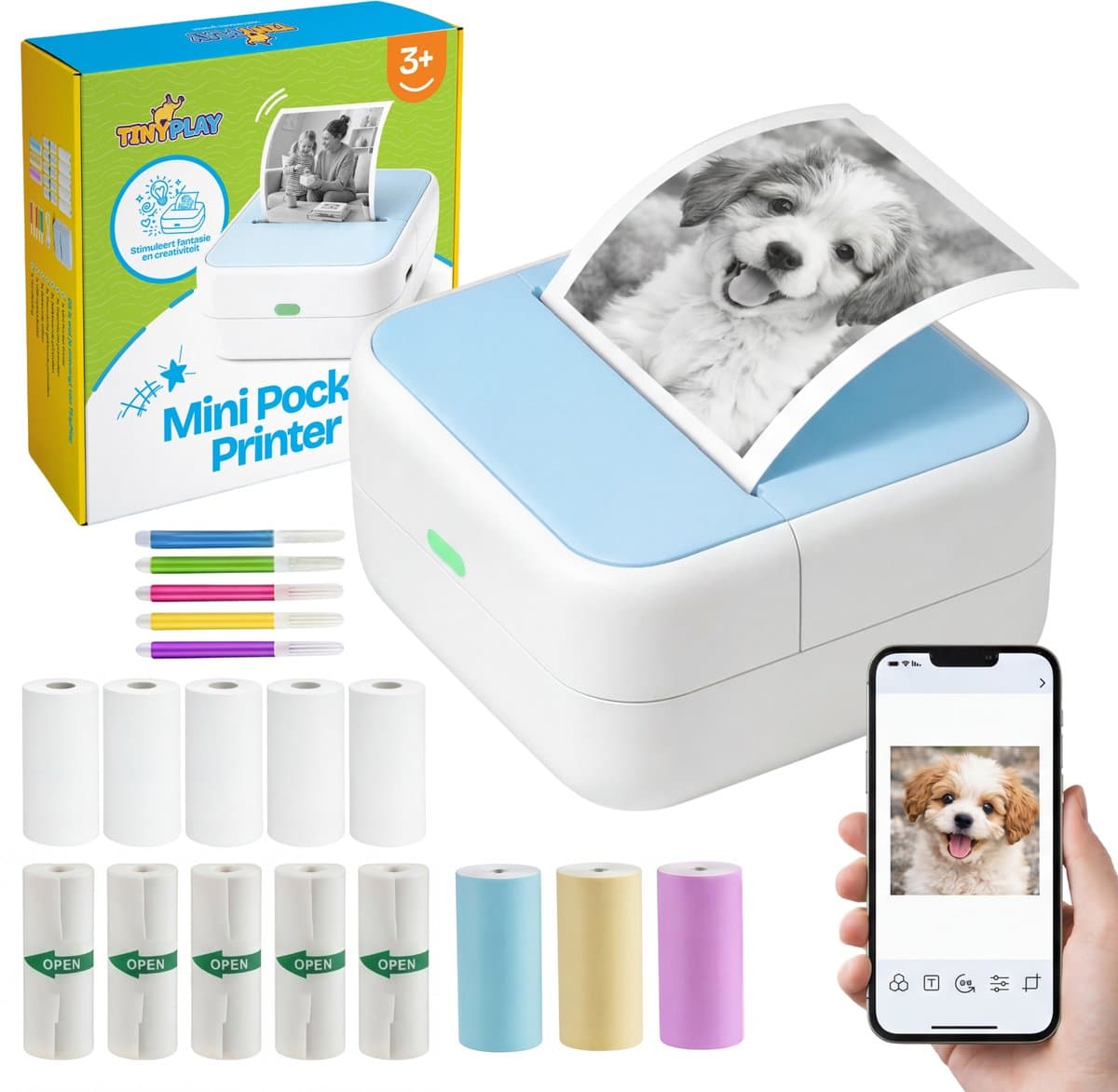 TinyPlay Mini Printer 300 DPI - Pocket Printer - 13 rollen papier in kleur, Sticker en wit - Mobiele fotoprinter - voor Smartphone - Thermische draagbare printer - Thermal miniprinter