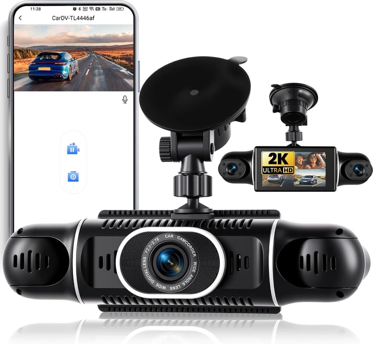 2K Dashcam Auto Voor Achter 4 kanalen, 360 Graden Dashcam 3 Inch met APP, Nachtzicht IR, Loopopname, G-Sensor, parkeerhulp, 24-uurs parkeermodus