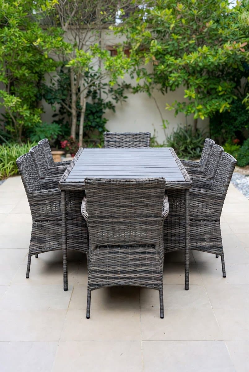 Luxe 7-delige Rotan Tuinset – 6 Persoons Tuinmeubelset met Rechthoekige Eettafel (152x96 cm) & Parasolgat 4–5 cm – Weerbestendige Polyrotan Terrasset met Stalen Frame & E-coating – Outdoor Dining Set voor Tuin & Terras – Medahomestore