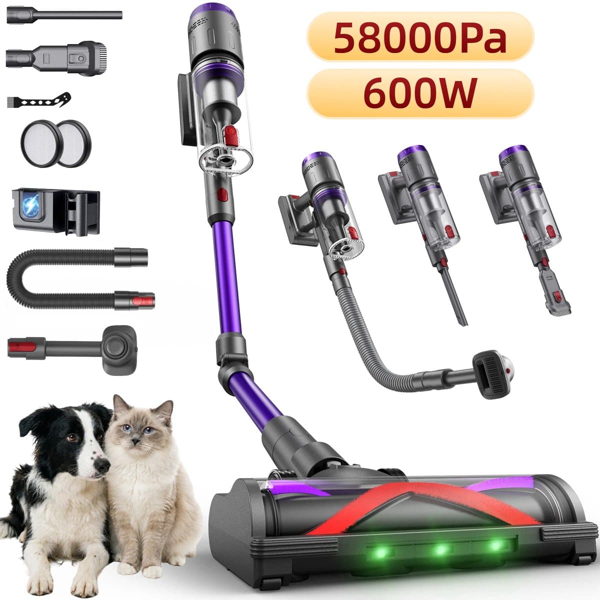 Draadloze Stofzuiger Met Flexibele Slang Van 1 M, Zuigkracht Van 58 Kpa En Gebruiksduur Van 75 Minuten, 2-In-1 Dierenborstel, Led-Touchdisplay, Draadloze Handstofzuiger Voor Dierenharen, Draadloze Steelstofzuiger Voor Thuis En In De Auto