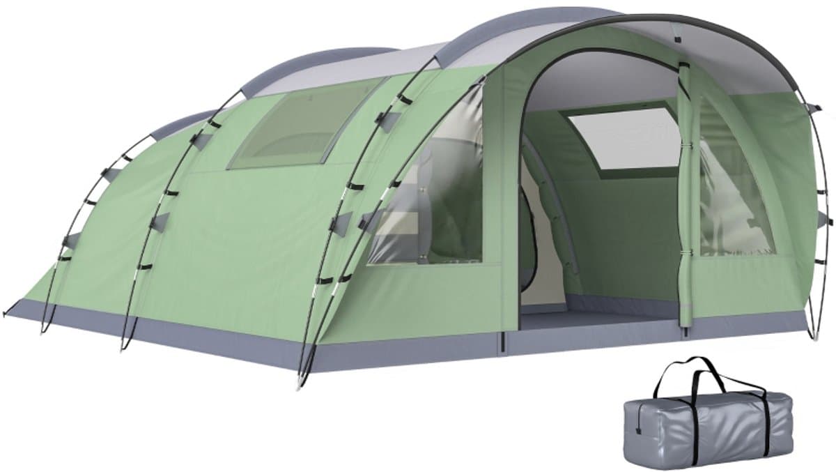 Familietent - 4-6 personen - Tunneltent met twee slaapkamers - Inclusief waterdichte regenhoes (3000 mm) en opbergtas - Eenvoudig op te zetten - Lichtgewicht en ademend - Voor Camping & Outdoor - 505x390x196 cm- Groen