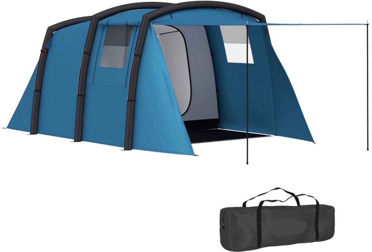 Familietent - Opblaasbare tunneltent - Buitentent - Aufblasbares Campingzelt 3-6 Personen - Met zijramen en deur - Opblaasbare constructie - 4,4 x 2,8 x 1,95 meter - Zonbescherming - Waterdicht - Blauw