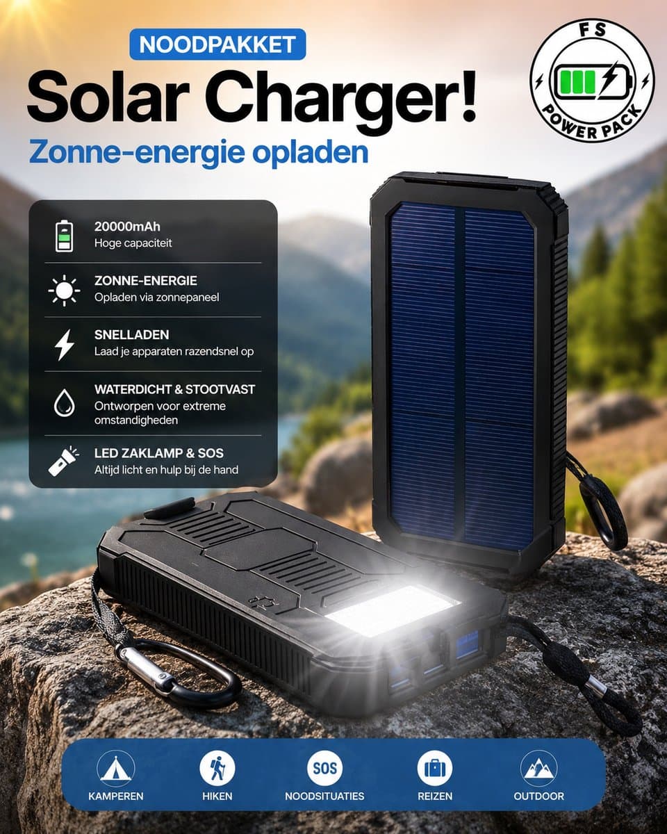 Noodpakket Solar Charger! Zonne-energie opladen 20000mAh Solar Powerbank FS Power Pack 20000mAh Solar Powerbank – Snelladen – Waterdicht – LED Zaklamp & SOS – Externe Accu – Outdoor Noodpakket – Draagbare Zonne-Energie Power Bank
