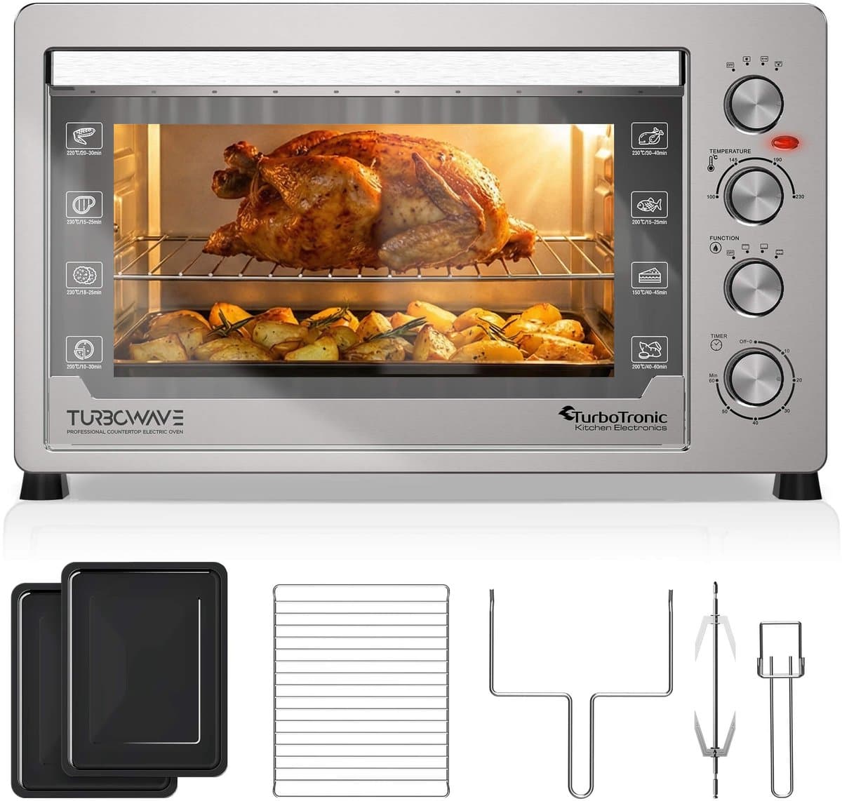 Tubrotronic EVS60 - Vrijstaande Oven - 60 liter - Mini Oven - 2000W - Incl Draaispit en bakplaten - Zilver