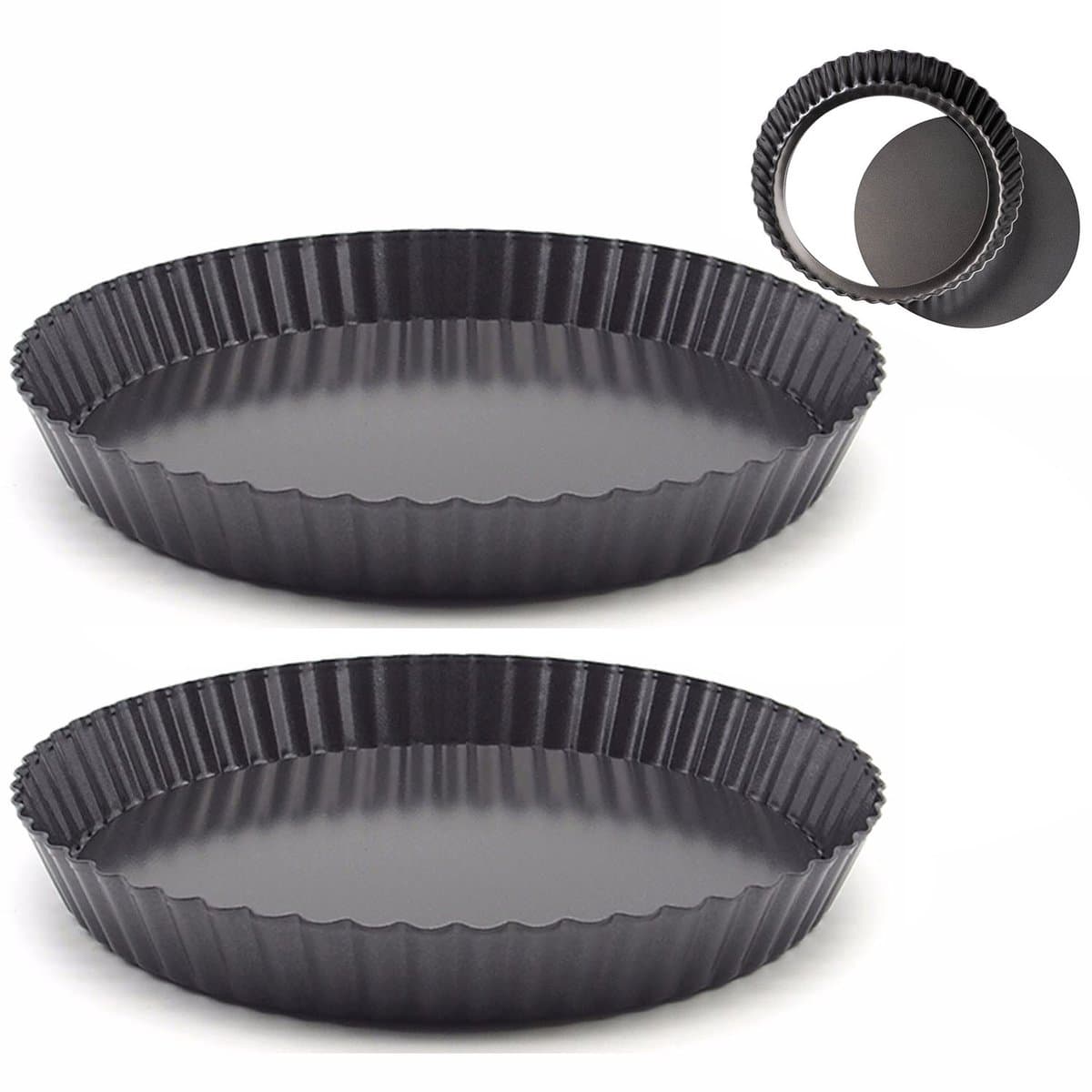 2-stuks Quichevorm -Pizzapan met verwijderbare bodem - Ronde springvorm - Ronde gegolfde pan - Taartvorm - Bakvorm - 22,5 cm - Dubbelzijdige antiaanbaklaag - Geschikt voor het bakken van appeltaart, cheesecake en desserts - Zwart