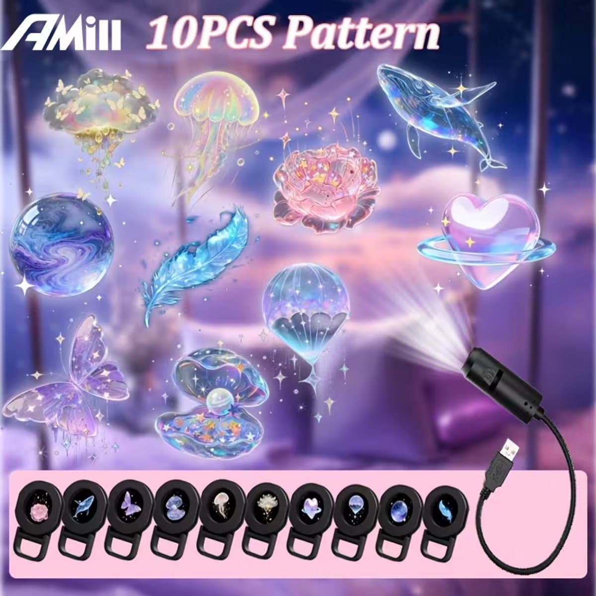 LED Projector Nachtlamp met 10 Patronen – 360° Draaibare Projectie Lamp – USB Sterrenhemel Projector – Voor Slaapkamer & Kinderkamer