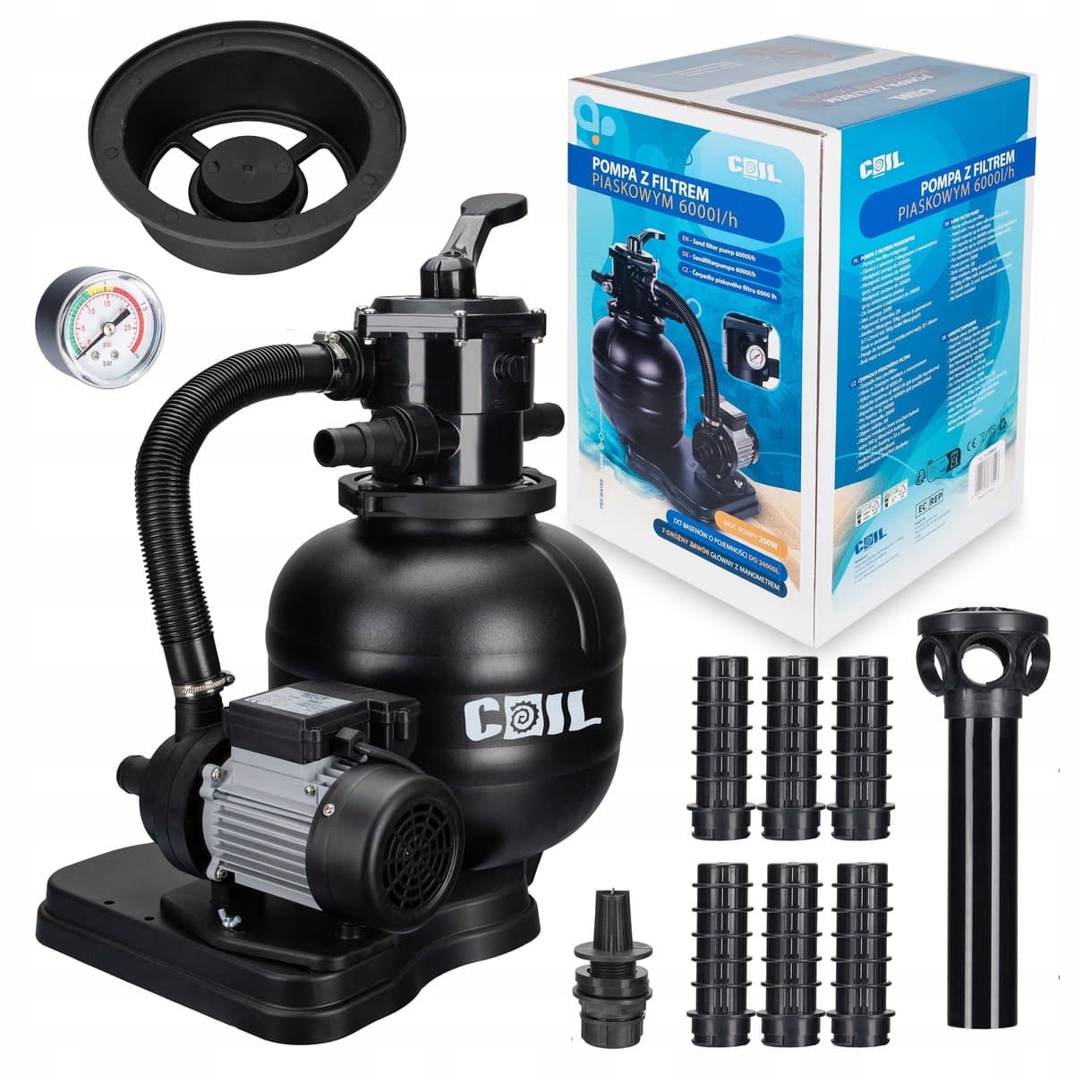 COIL Zandfilterpomp 6000 l/u (200W) – Zwembadpomp tot 18m³ – 7-wegklep met manometer – Geschikt voor zand en filterballen