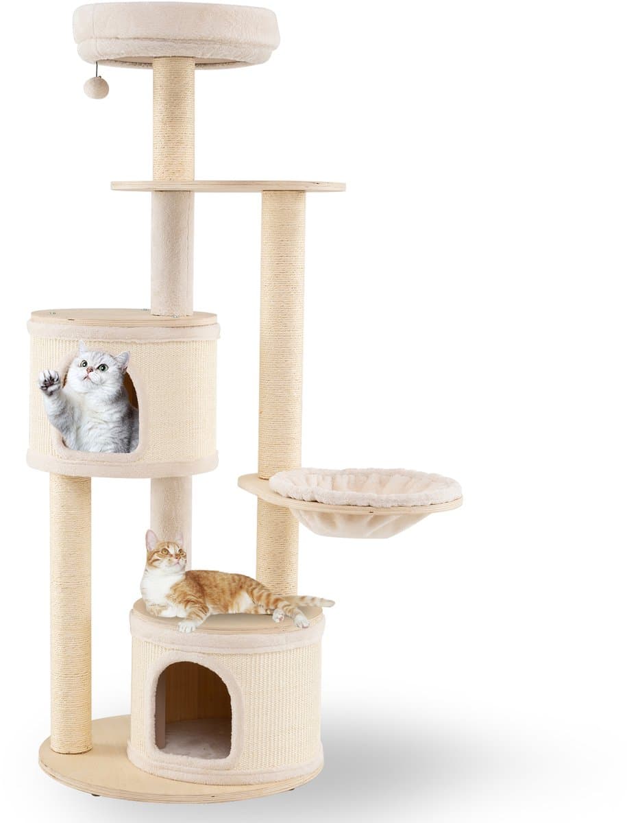 COSTWAY Krabpaal groot, kattenboom met 2 kattenholletjes, mand, sisal-krabpalen, speelbal & platform, kattenkrabpaal katten, kattenmeubel, klimboom, activiteitsboom, hout, natuur, 152 cm hoog
