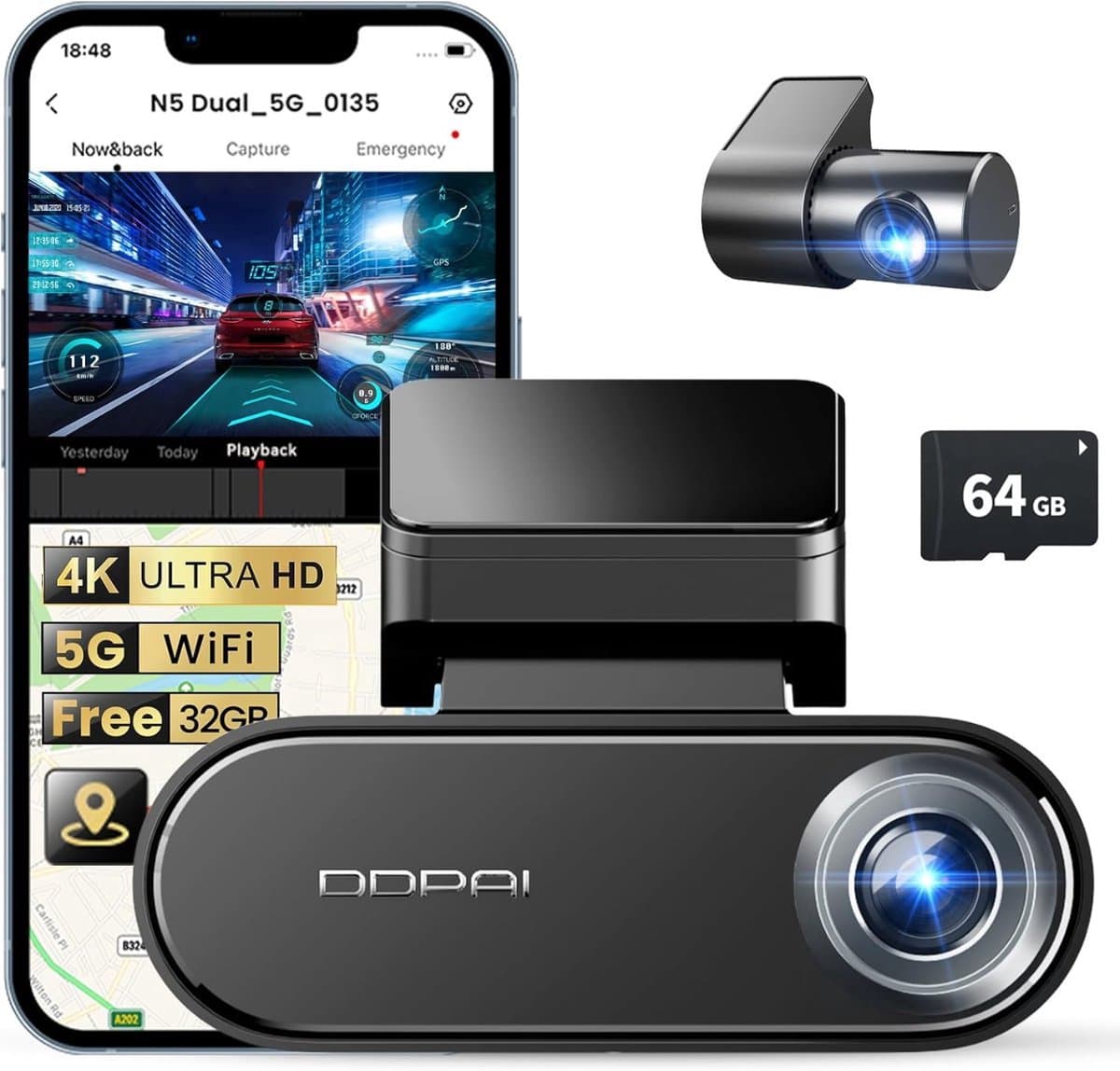 Dashcam Auto met 4K Camera Voor en Achter met 64GB SD Kaart - GPS - Dual Dashcam - DDPAI N5