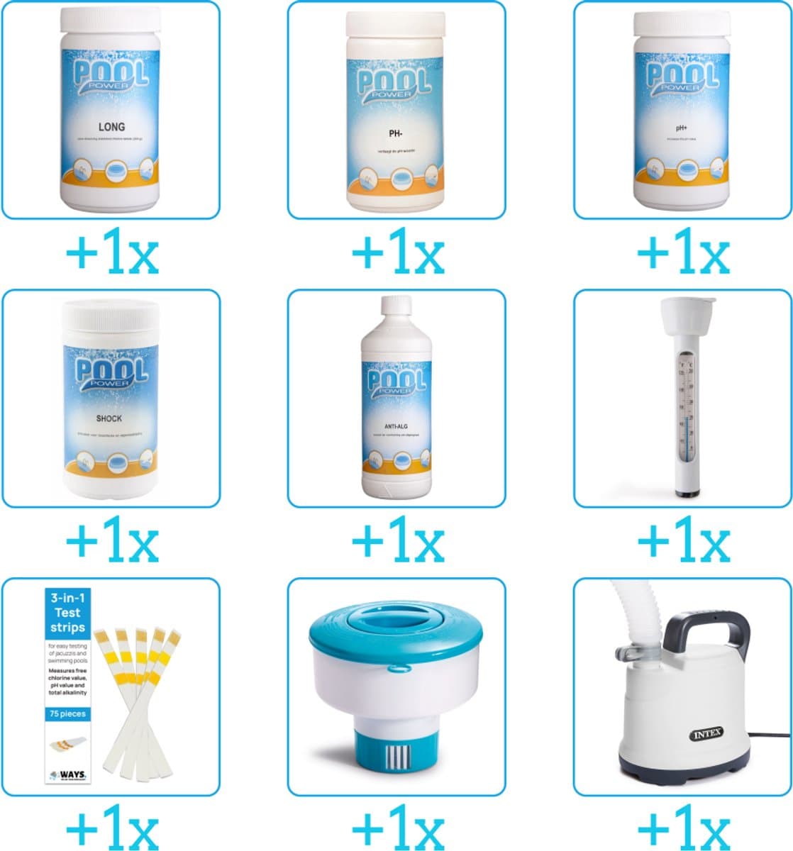 Zwembad Onderhoudspakket - Onderhoud Zwembad - bevat Chloor - PH-min - PH-plus - Chloor - Anti Alg - Thermometer - Testrips - Chloordrijver en Dompelpomp (9-delig)