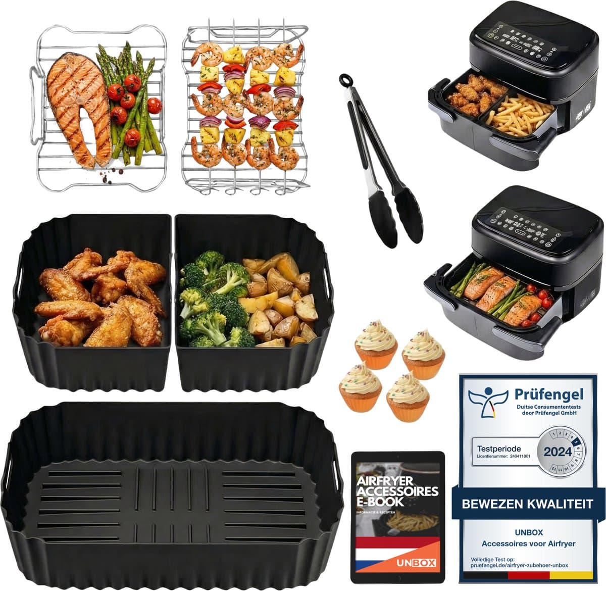 UNBOX Airfryer Accessoires - Geschikt voor Philips 1000 Series Dual Basket Airfryer - NA150/00 - 7,1L - Inclusief Airfryer Siliconen Bakje & e-Receptenboek