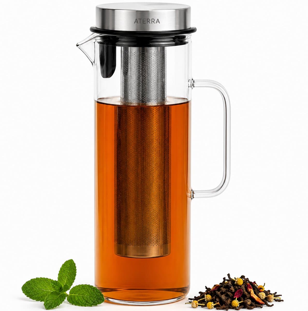 Aterra Waterkan Glas 1,5L met RVS Infuser (Karaf) - Borosilicaatglas - Hittebestendig - Losse Thee, Cold Brew & Fruitwater - BPA-vrij - Druppelvrij - Vaatwasmachinebestendig - Past in Koelkast