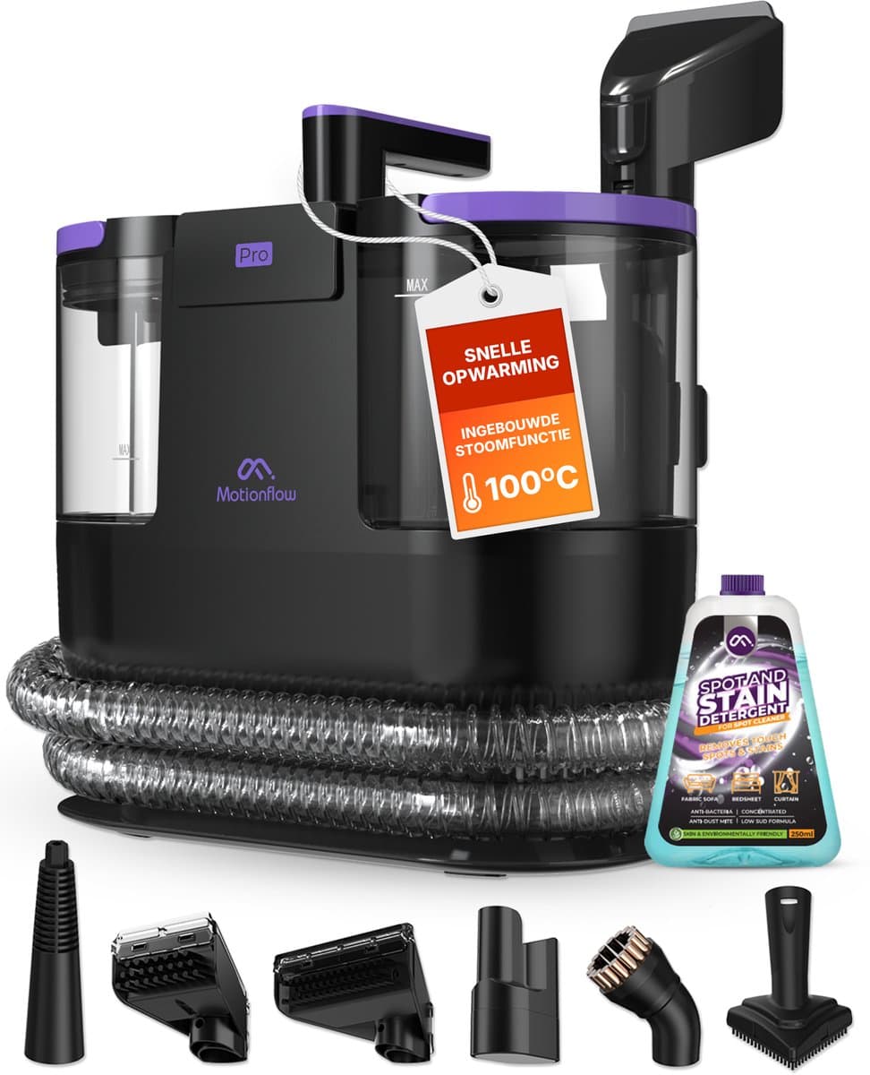Motionflow Tapijtreiniger PRO – Professionele Dieptereiniging met Stoomfunctie tot 100°C – Krachtige 1700W Vlekkenreiniger - Stoomreiniging voor Vloer, Bank, Badkamer en Tapijt - Stoomreiniger & Zetelreiniger - Carpet Cleaner incl. Schoonmaakmiddel