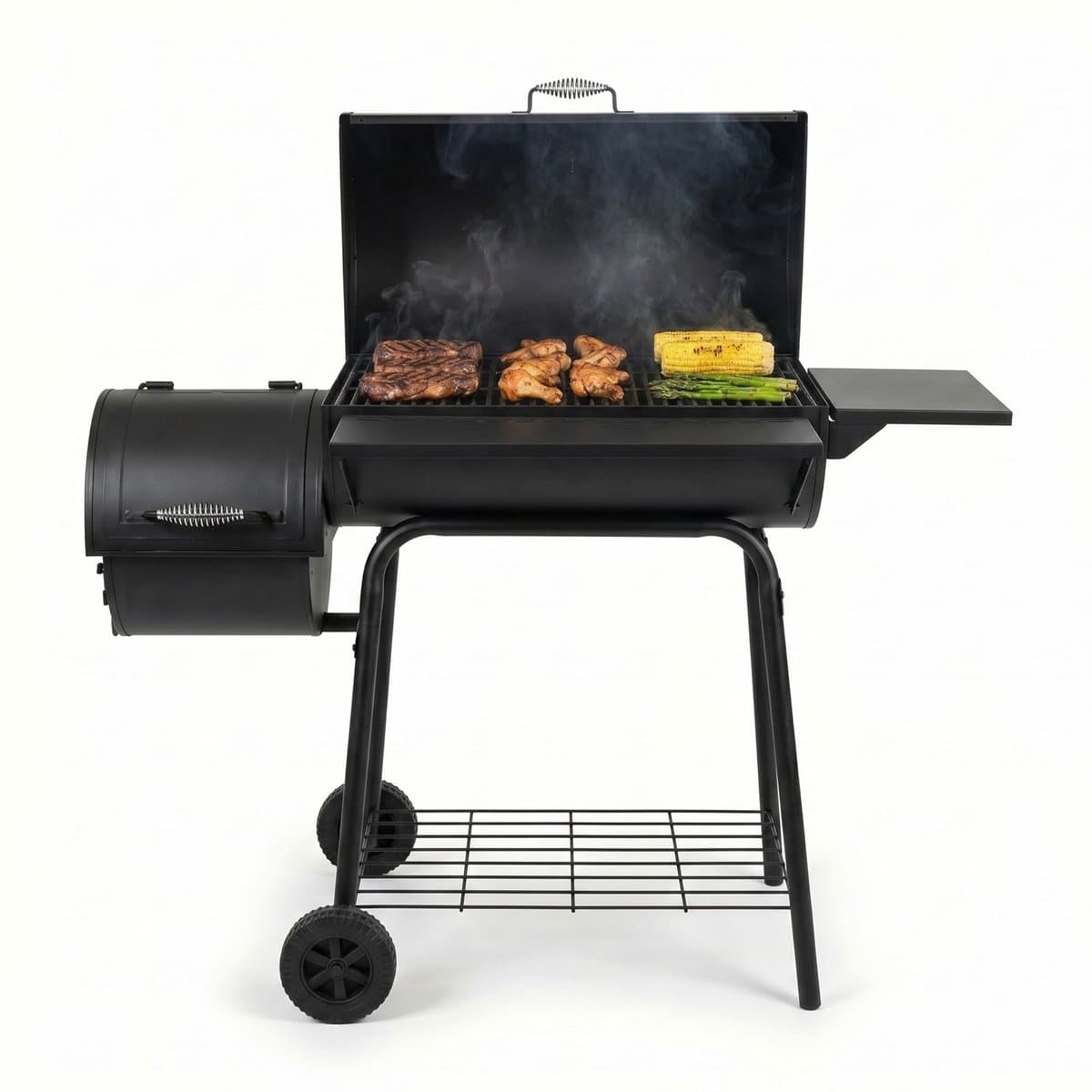 Lugia Houtskool BBQ - Smoker Barbecue – 136 cm – Grote Grill 66x41 cm - Warmhoudrek – Zijtafel met Flessenopener – Zwart