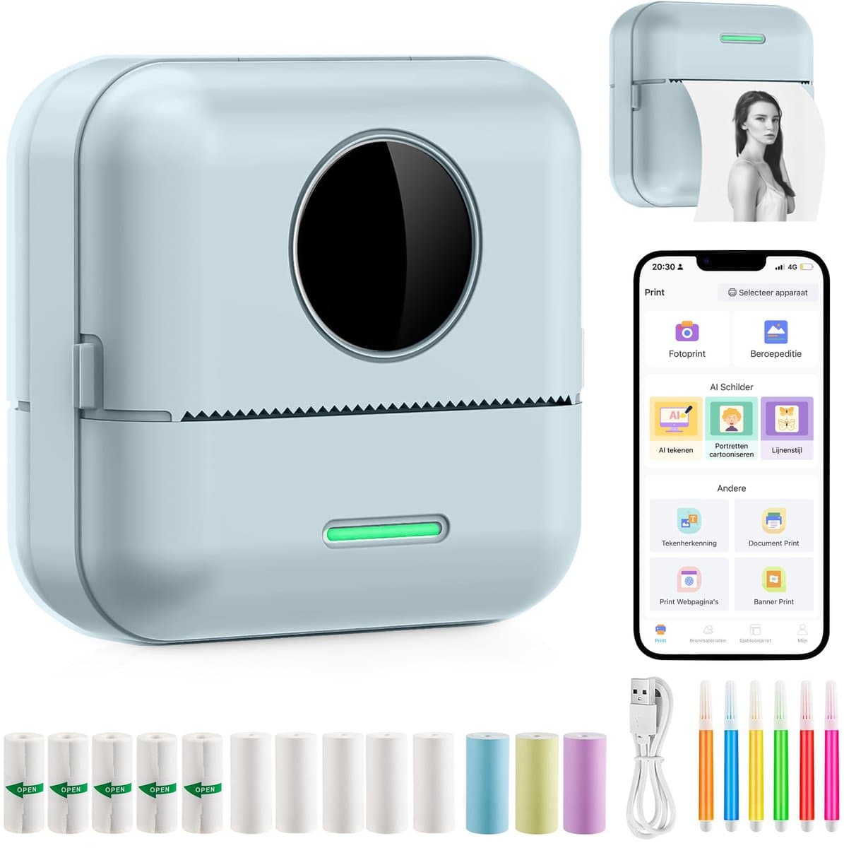 Ilona Mini printer voor mobiel - Pocket printer - Premium Mini Fotoprinter - Draagbare Smartphone Printer - Mobiele fotoprinter - Sticker printer - Groen - Incl. 5 Rollen Zelfklevend Papier + 5 Rol Wit Papier + 3 Rollen Gekleurd Papier + 5 Pennen