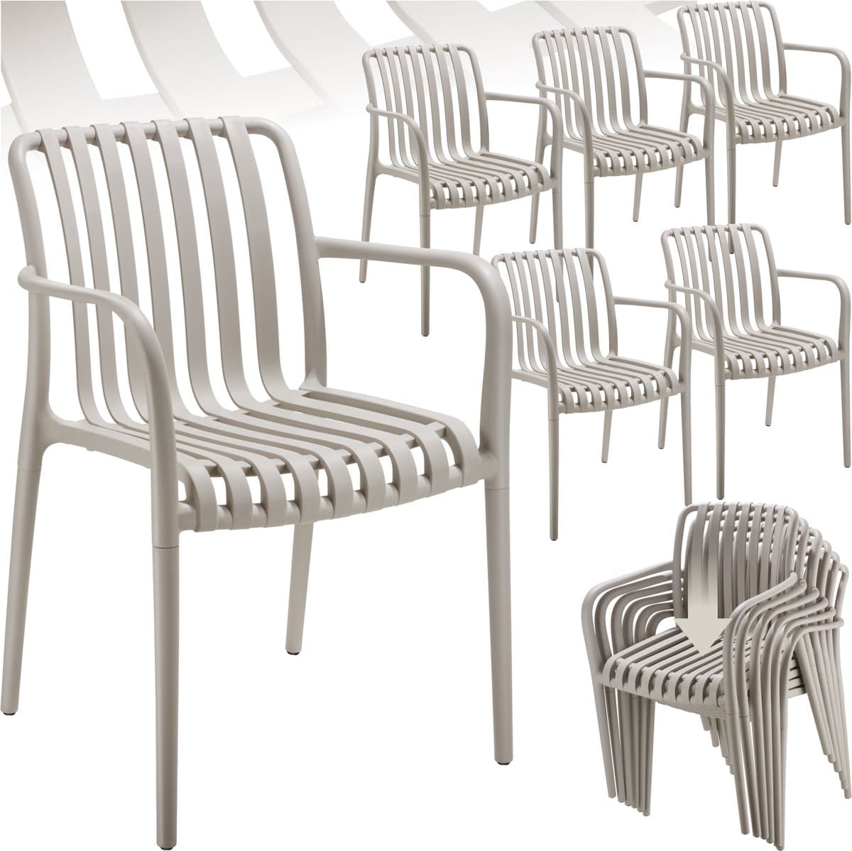tectake® Set van 6 Tuinstoelen Alcudia - Taupe - Kunststof Stoelen met Armleuning - Tuinset voor om de Tuintafel of op de Camping - Stapelbaar - Stoelen voor Tuin, Terras of Balkon - Weerbestendig en UV-bestendig - Draagkracht 120kg per Tuinstoel