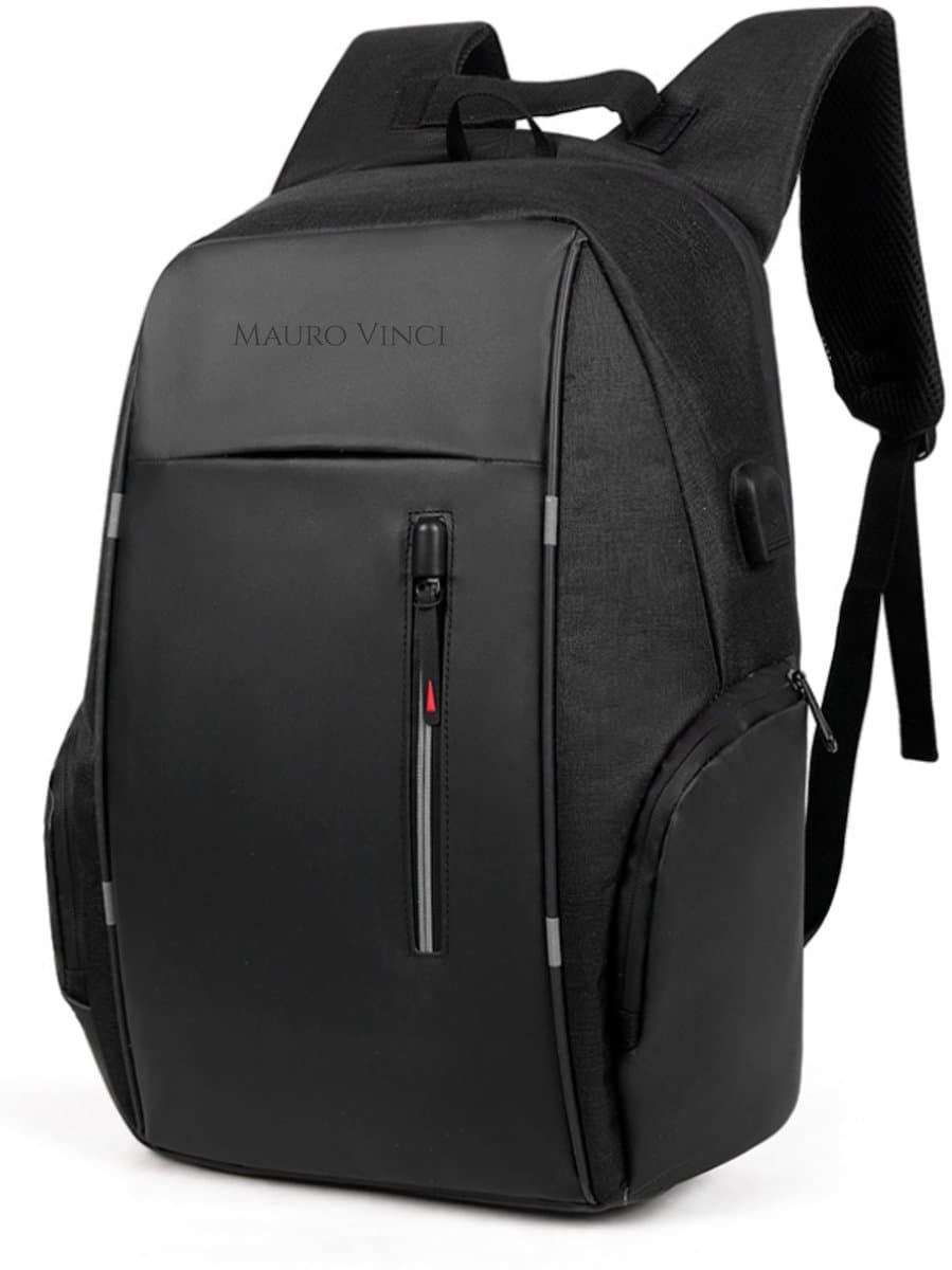 Rugzak Heren zwart 28L – Laptop Rugzak 15.6 Inch – Waterdichte Backpack met USB & Slot – Anti Diefstal – Schooltas & Werk Rugzak – Heren & Dames – Zwart Mauro Vinci® Motion