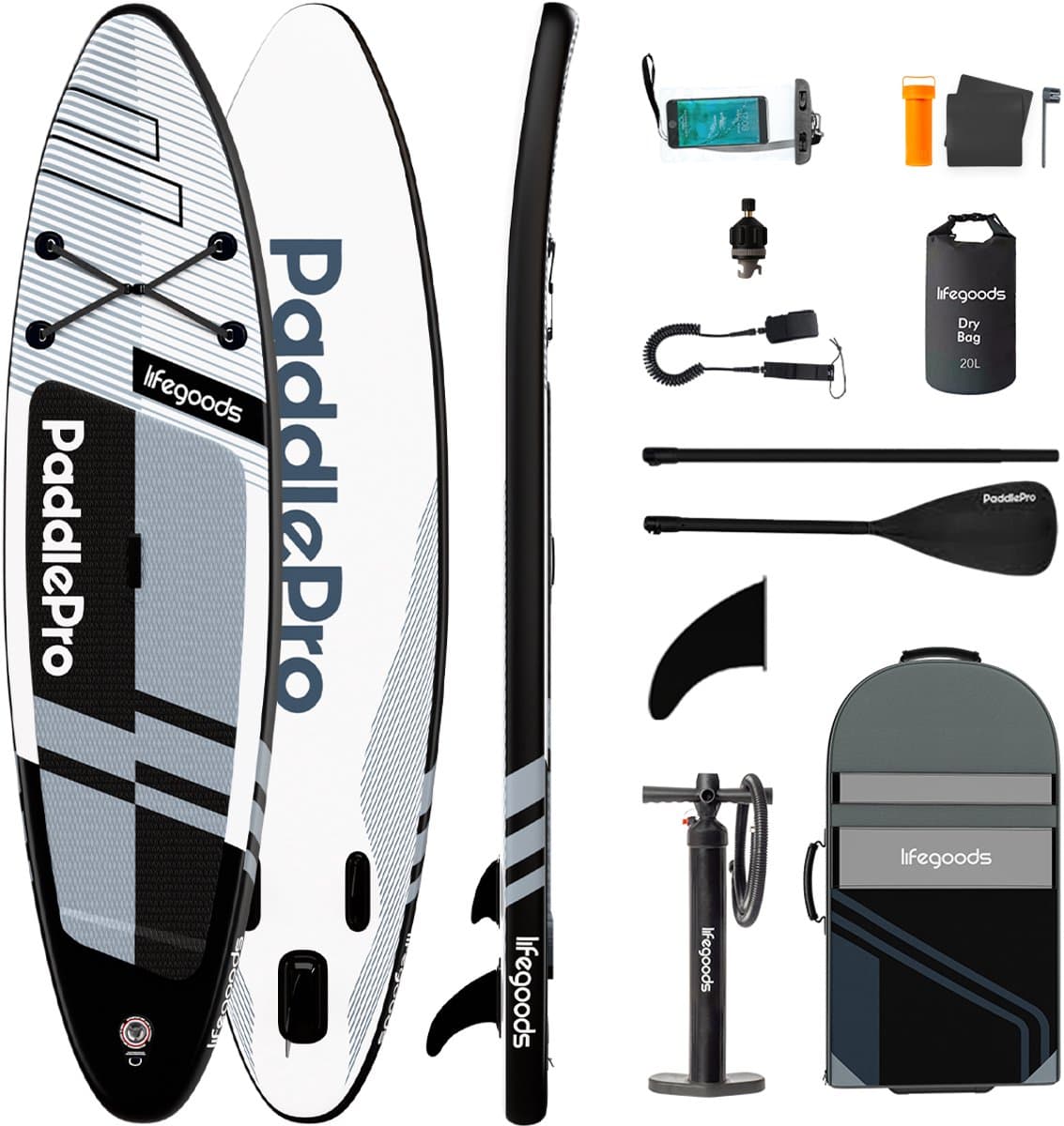 LifeGoods PaddlePro SUP Board Pro - Pro Set - Opblaasbaar Paddle Board - Max. 150KG - 320x81cm - Zwart/Wit