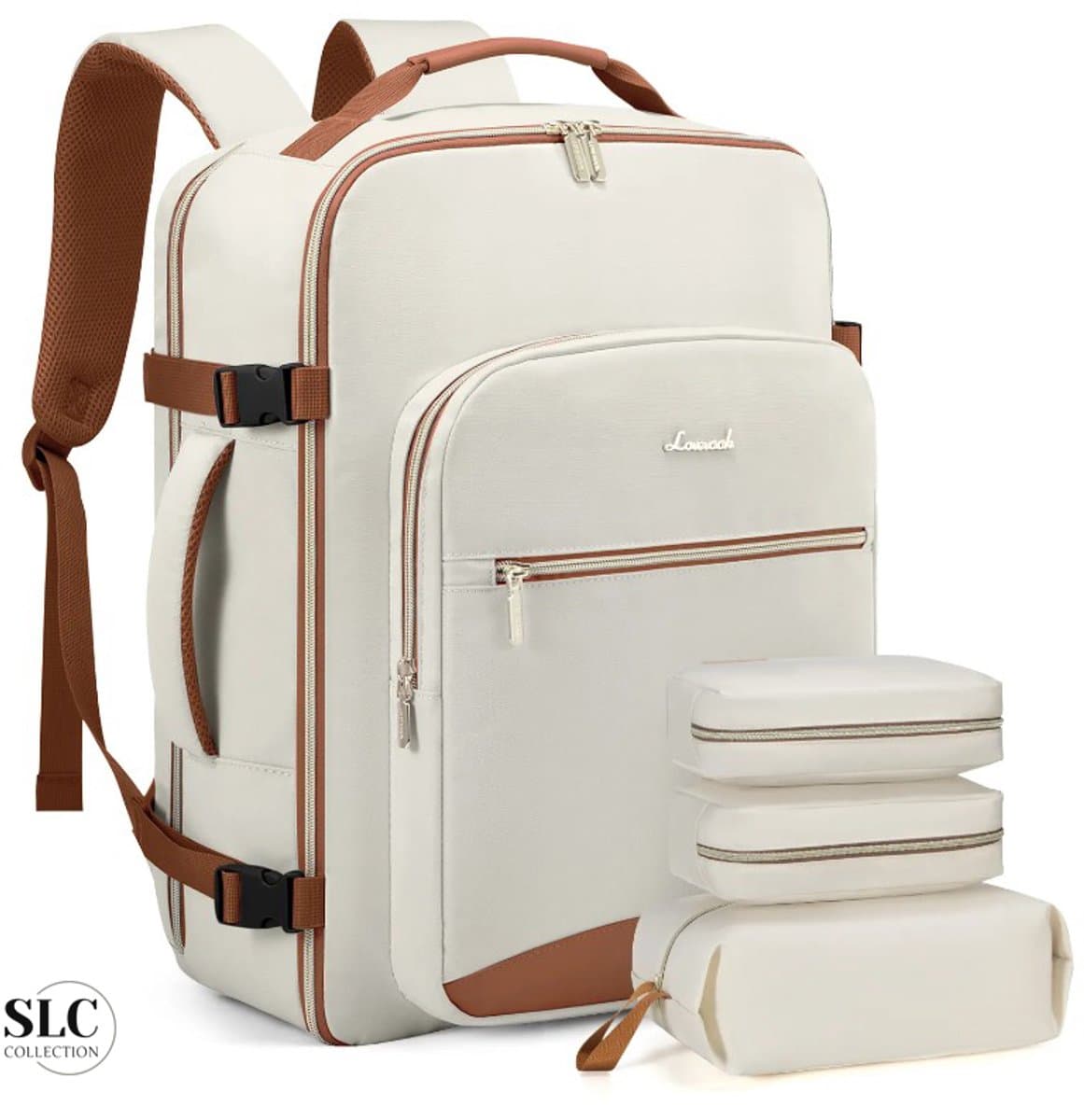 SLC Collection – Rugzak - 4 Delige Set - 40 Liter - Koffer - Beige - Bruin - Dames - Heren - Reistas - 17 inch Laptop Tas - Handbagage - Kledingtas - Schoenentas - 04T - Toilettas - 45x20x35cm - Backpacken - Reizen - Vliegtuig - Werk - Camping