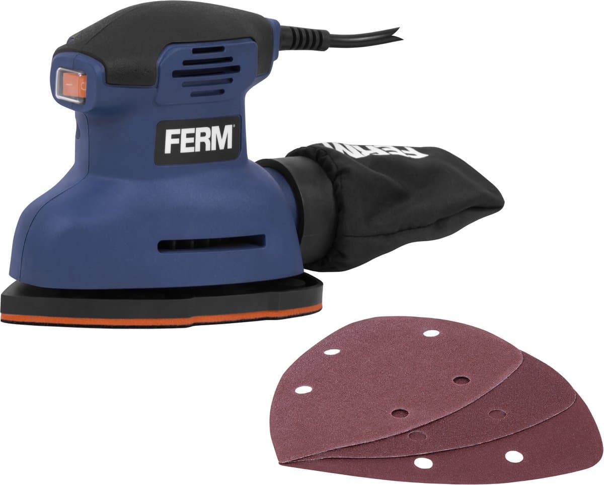 FERM- PSM1039 - Vlakschuurmachine - Deltaschuurmachine - 140W - Schuurzool: - 140x100mm - 12.500/min - Klittenband - 2m kabel - Softgrip - Stofzak - 3 schuurvellen - Palm schuurmachine -Detail palm sander