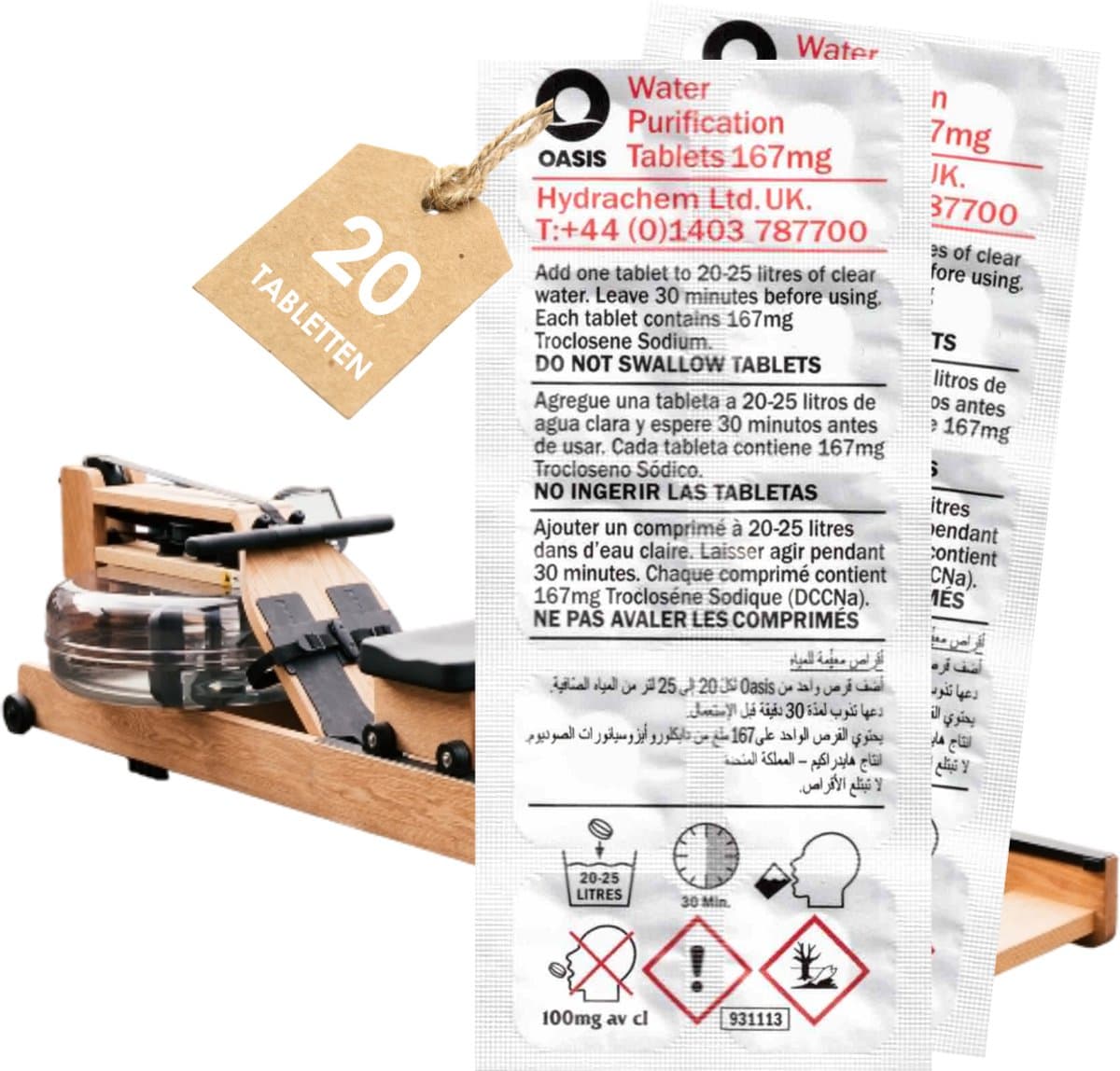 LevinQ® Water Roeitrainer Puritabs Tabletten Roeimachines 20 tabletten + Handschoenen voor o.a. Skandika, WaterRower, Fluidrower, Nohrd enz T.H.T. 2030!