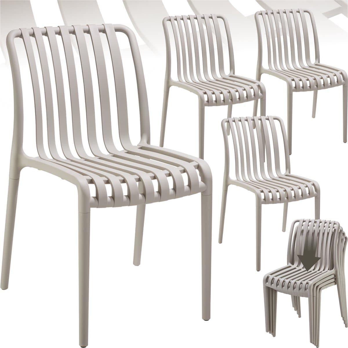 tectake® Set van 4 Tuinstoelen Alcudia - Taupe - Kunststof Stoelen- Stapelbaar - Stoelen voor Tuin, Terras of Balkon - Weerbestendig en UV-bestendig - Draagkracht 120kg per Tuinstoel