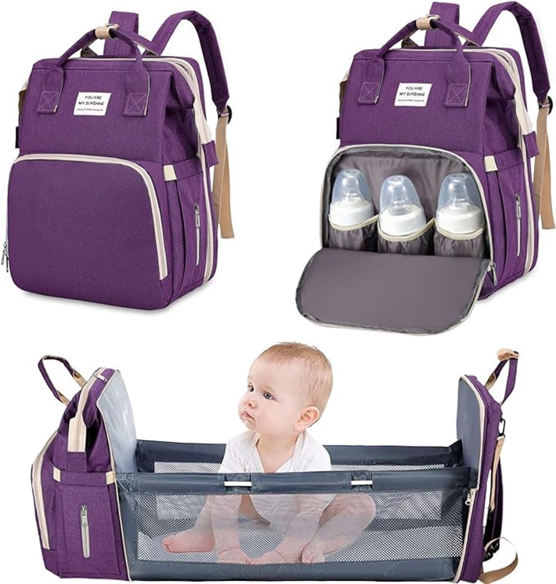 Famanu - Luiertas voor baby's, rugzak, luierrugzak, babytas, reisrugzak met aankleedkussen, multifunctioneel, waterafstotend, grote capaciteit, grote reisrugzak voor mama en papa, Paars