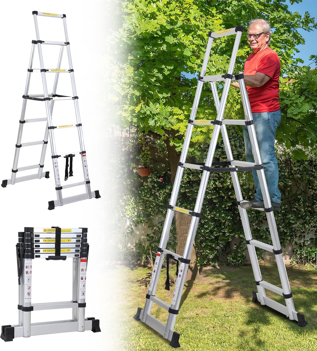 Telescopische Ladder - Telescoopladder - 1,7m+2,0m zilver, Max. Belasting 150 kg, Compact en Draagbaar met Soft Closing Systeem, Geschikt voor Particulier en Professioneel Gebruik, Telescopische Vouwladder