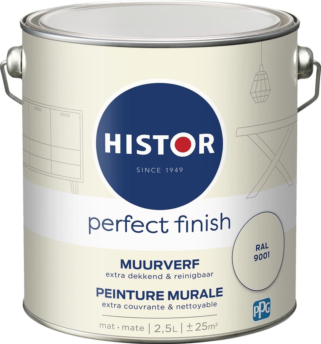 Histor Perfect Finish Muurverf Mat - Perfecte Dekking - Geurarm - 2.5L - RAL 9001 - Wit