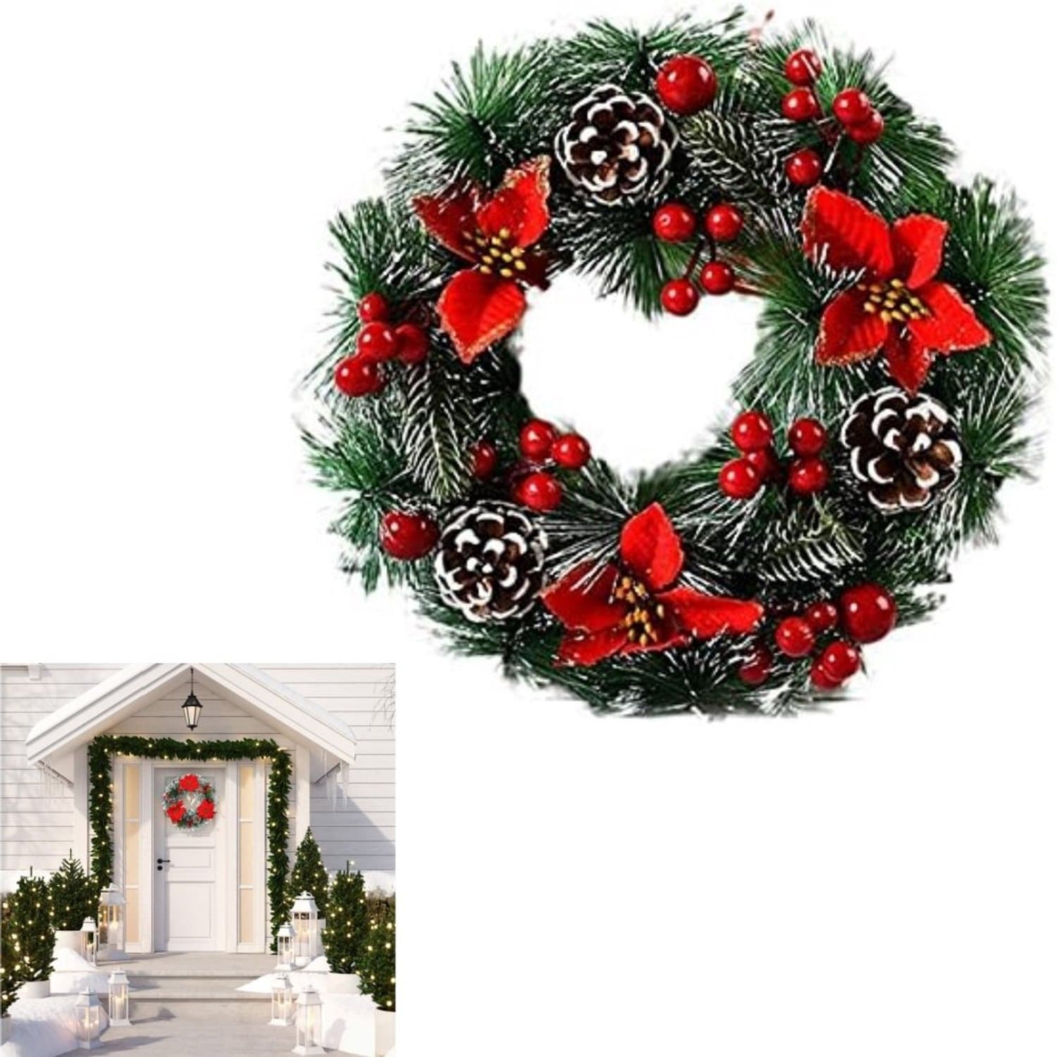 1 stuk - Kerstkrans - Kunstkerstkrans - Krans voor de voordeur - Ronde krans - Decoratieve krans - Kerstversiering - Herbruikbaar - Diameter 30 cm - Rood - Geschikt voor open haarden, deuren, tuinen, muren en ramen.