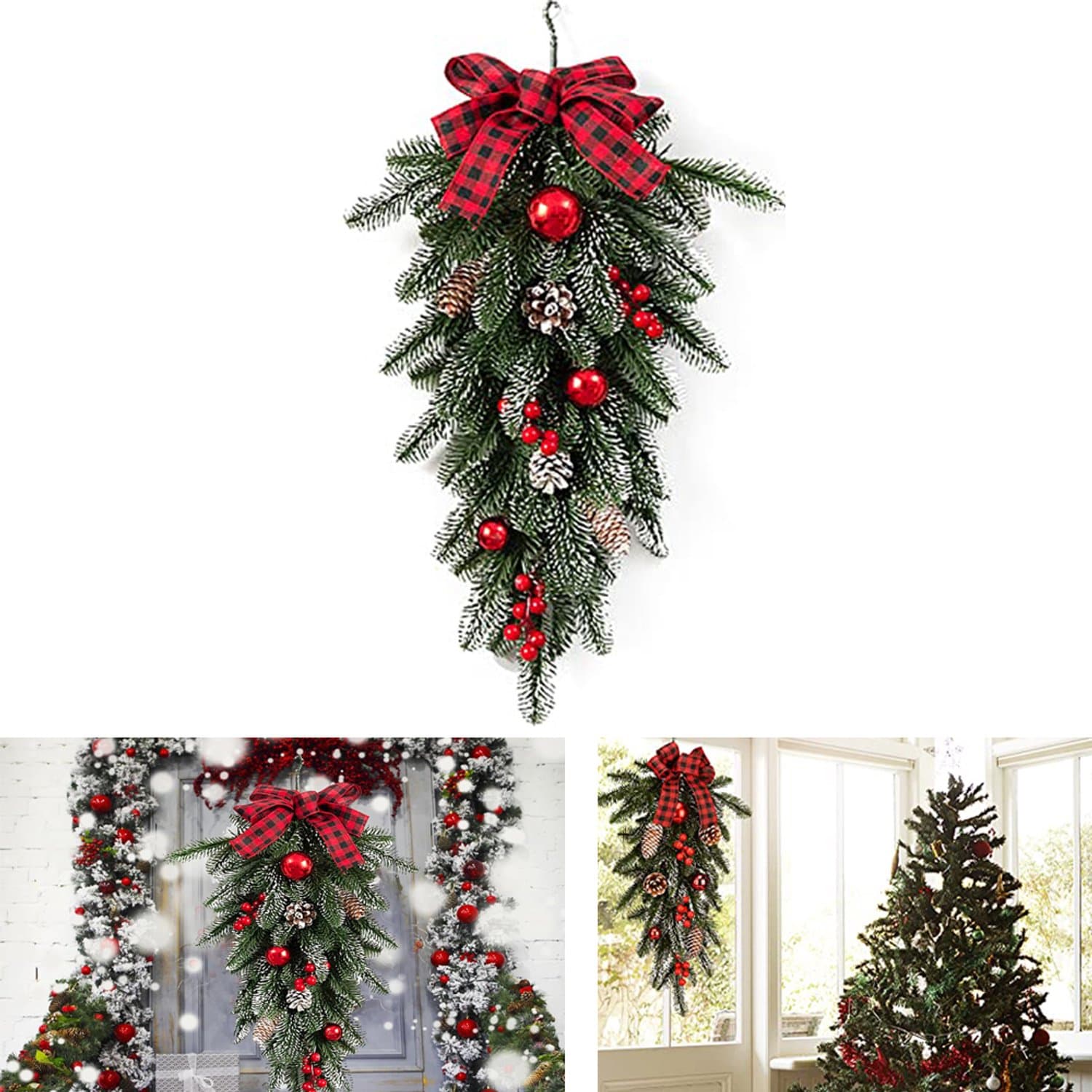 Kerstkrans van dennennaalden met strik, dennenappels en rode ballen - 55cm - decoratieve kerstkransen voor binnen en buiten - Kunstmatige kerstversieringen voor aan de muur of deur