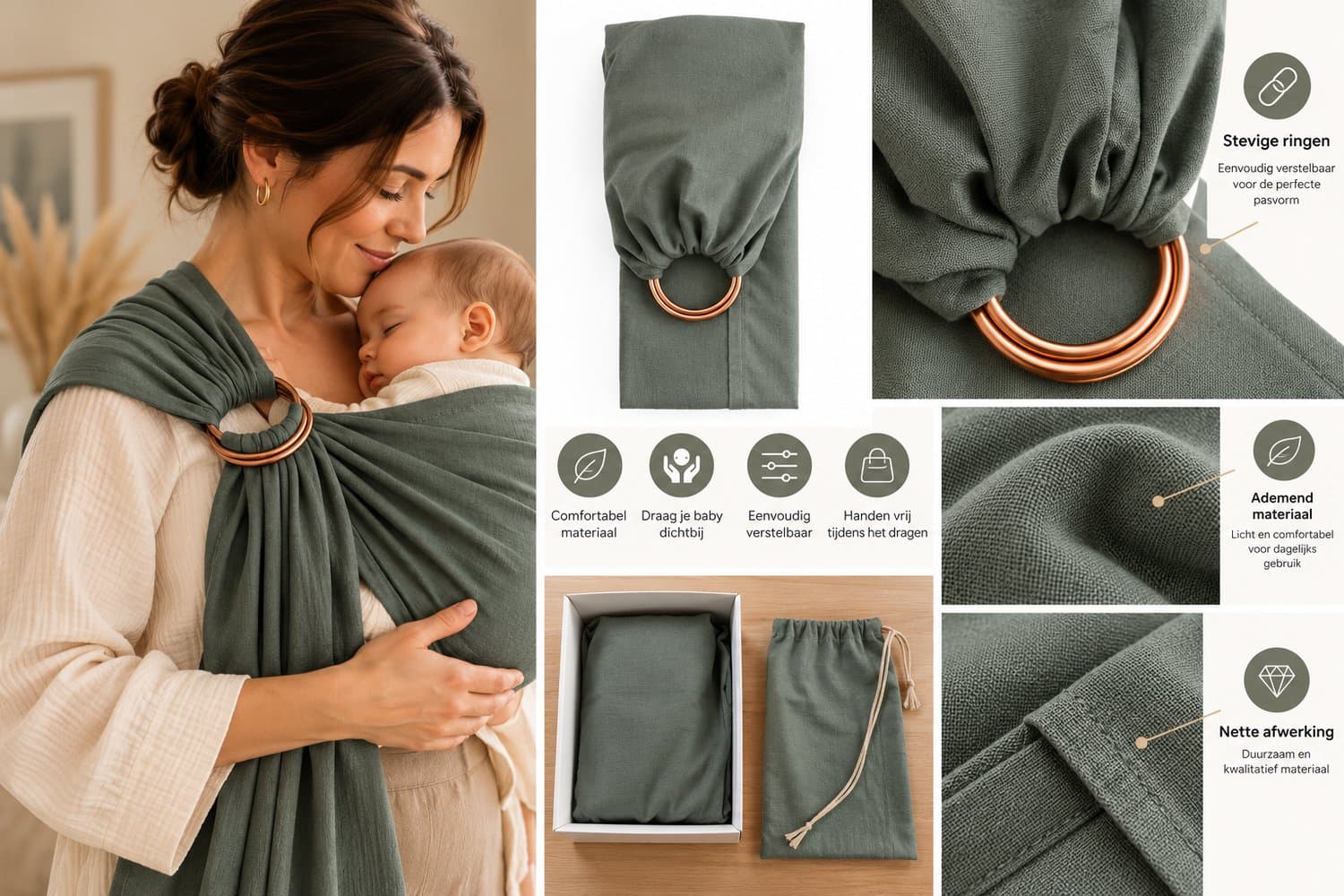 Ringsling Baby Draagdoek Groen – Draagdoek met Ringen – Verstelbare Babydrager – Draagdoek Baby