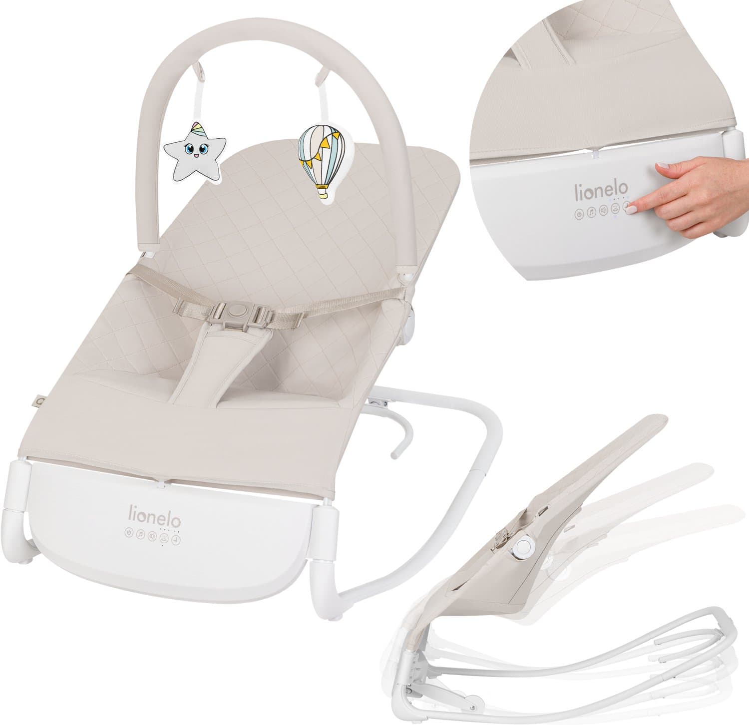 Lionelo Vinci Elektrische Wipstoel – Babywipstoel vanaf Geboorte – 3 Snelheden – Bewegingssensor – 3 Standen Rugleuning – Ultra Quiet 30 dB – Timer 30/60 min – Rocking Lock – Natuurgeluiden & Melodieën – 3-Puntsgordel – EasyWash Cover – USB-C