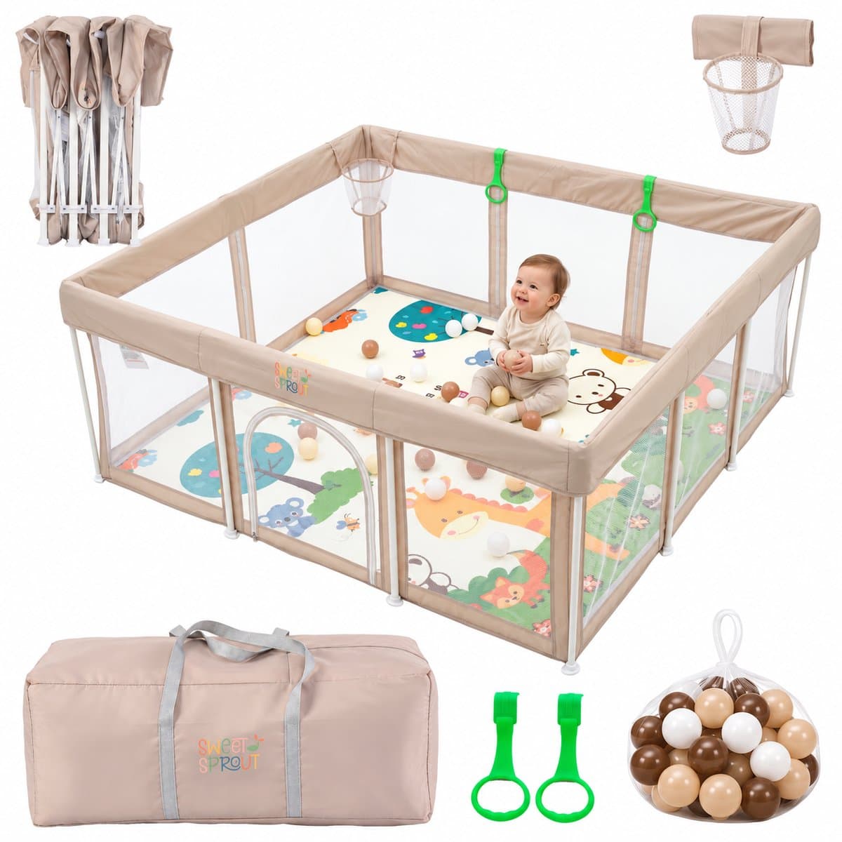 Sweet Sprout Grondbox Inklapbaar - 180x120x66cm - Voor kinderen - Inclusief speelmat foam - Babygym - Playpen - Baby box - Baby bed - Babynestje - Kruipbox - Speelbox - Speelgoed jongens & meisjes 1, 2, 3 jaar - Beige